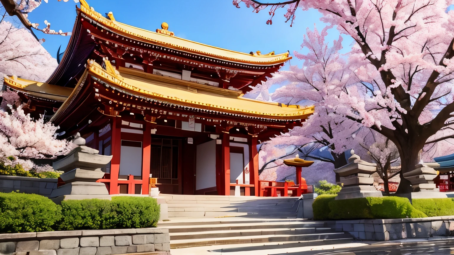 Beautiful temple scene, spring, cherry blossoms, 16:9 ratio image, main color is red