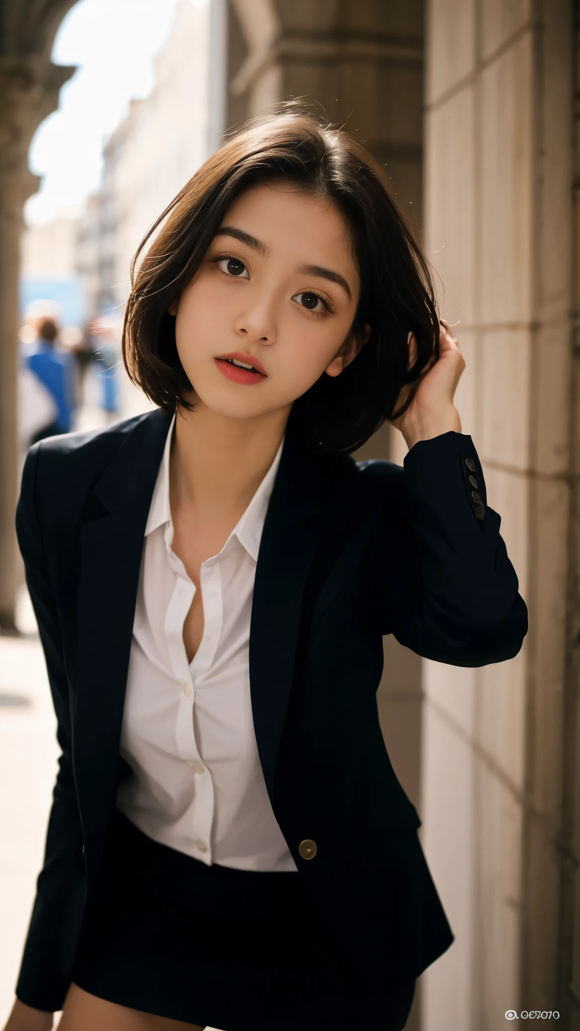 Neat and clean schoolgirl、(Schoolgirl Uniform、Loose and large shirt、Shoulders are visible、Nipple bumps、16yo girl、shirt wet、Sheer white shirt、Navy blue ribbon at the collar、School Uniform Blazer、Dark blue pleated micro mini)、Outside the field、(Slimed)、Photorealsitic、detaileds, Skin Texture, ultra-detailliert、Delicate and sexy collarbone、Super Detailed Face、Detailed lips、A detailed eye、二重まぶた、tiny chest、Smaller chest、small tit、Small、flat breast、Emphasis on the chest、Very distressed look、Very embarrassed look、Lift the hem of the skirt yourself,、Show the camera your white panties、pantyshot、The figure that seems to be able to see the panties、I can see my panties、Panties visible through the gap between the thighs、Panties visible through the gap between the legs、Panties visible from the legs、Short-cut hairstyles、Chest chiller、Bra visible through the gap in the shirt、Bra visible from a fluffy shirt