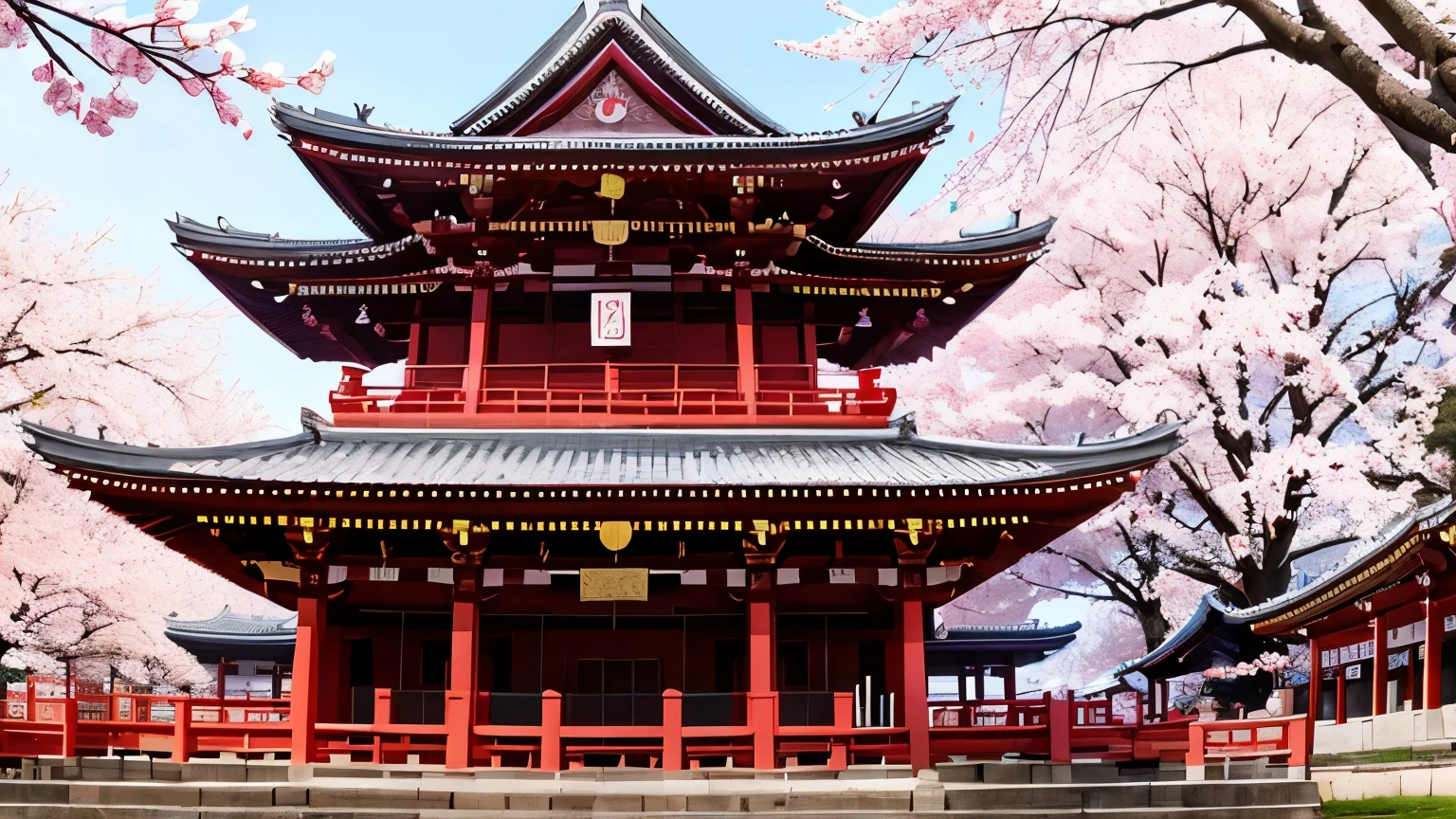 Beautiful temple scene, spring, cherry blossoms, 16:9 ratio image, main color is red