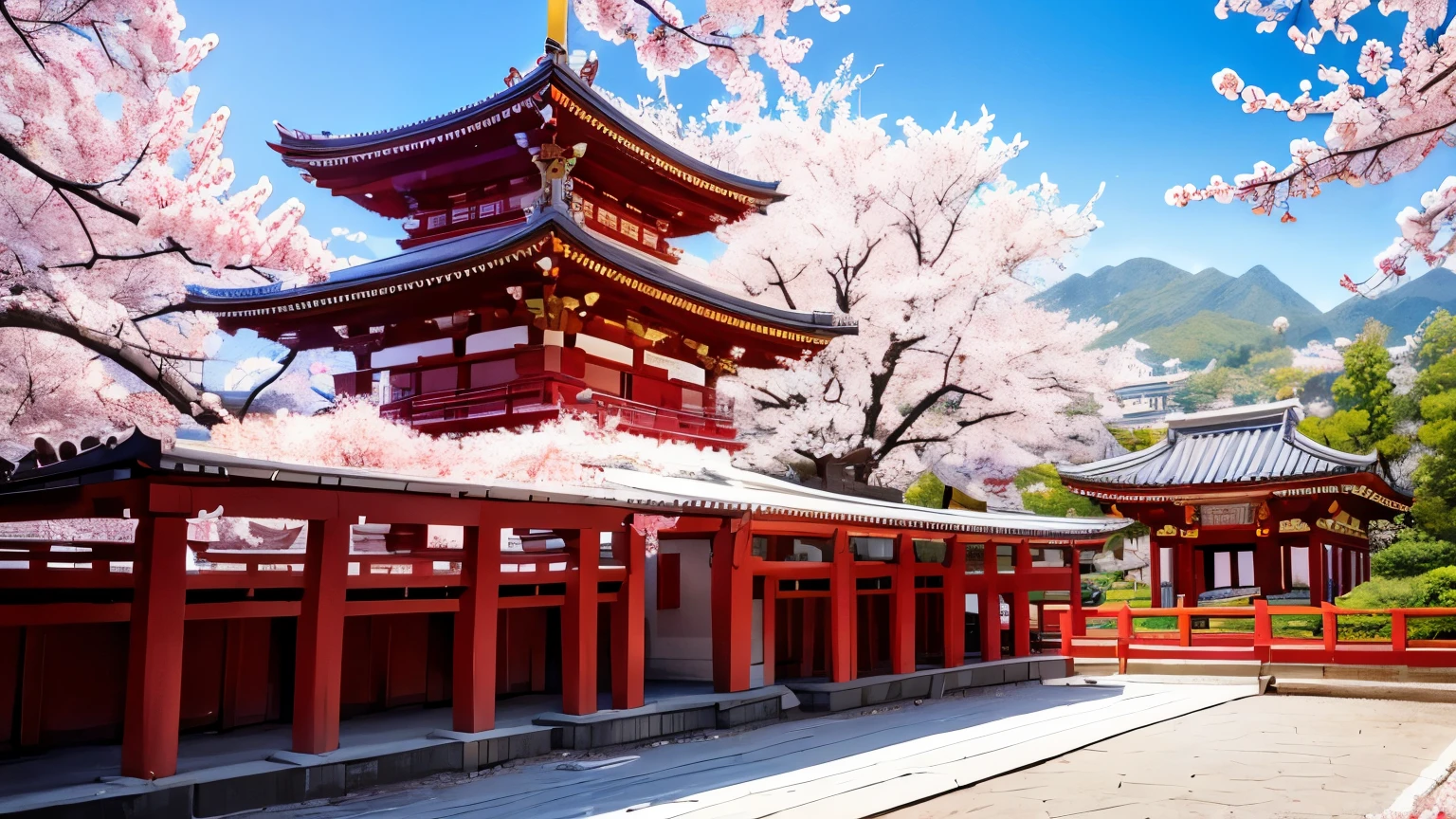 Beautiful temple scene, spring, cherry blossoms, 16:9 ratio image,  main color is red, temple goers
