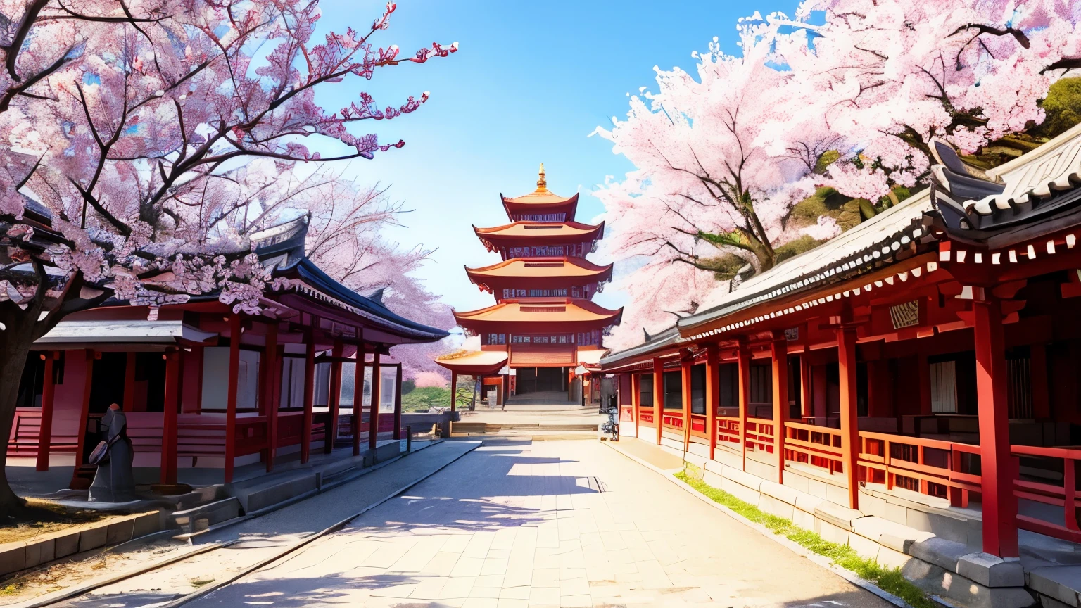 Beautiful temple scene, spring, cherry blossoms, 16:9 ratio image,  main color is red, [[ temple goers ]], Old men and women go to temples and worship Buddha
