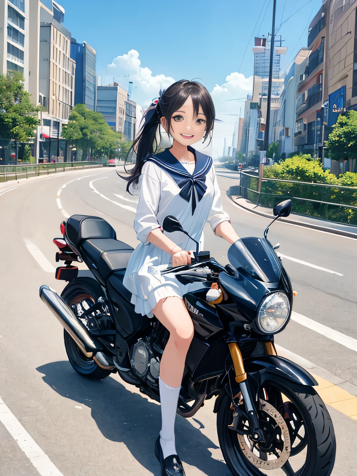 (8K、RAW photo、highest quality)、detailed background、beautiful and detailed face、beautiful and smooth skin、skin texture、professional lighting、Cute beautiful Iful Girl、Cute character wearing a sailor suit、Coming to school、
The costume is an elegant dress with a sailor collar and ribbon..、white knee high socks、Cute Ponytail、
Let's ride around town on a cool bike、Can drive at high speed even in the city, So that you can enjoy the view of the city.、skyscrapers and beautiful architecture、Park and riverside scenery、Enjoy the charm of the city.。smile