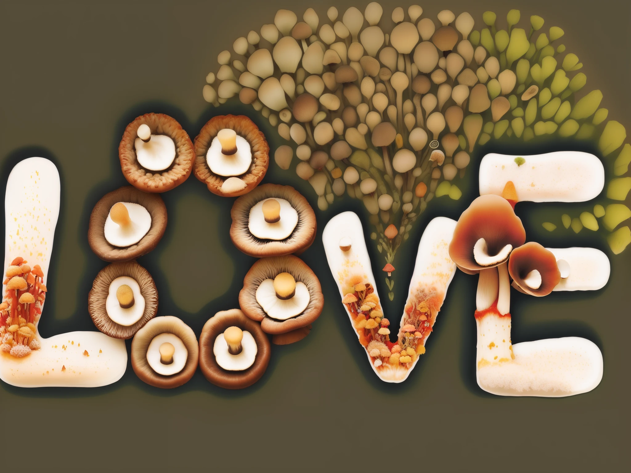 there is a picture of a word made out of mushrooms, made of mushrooms, mushrooms style and macro style, mushrooms and peyote at the base, mushrooms grow from the body, love, love os begin of all, shrooms, mushrooms, mushroom, forest made out of mushroom, mycologist, love art, yum, mycology, amazing food illustration