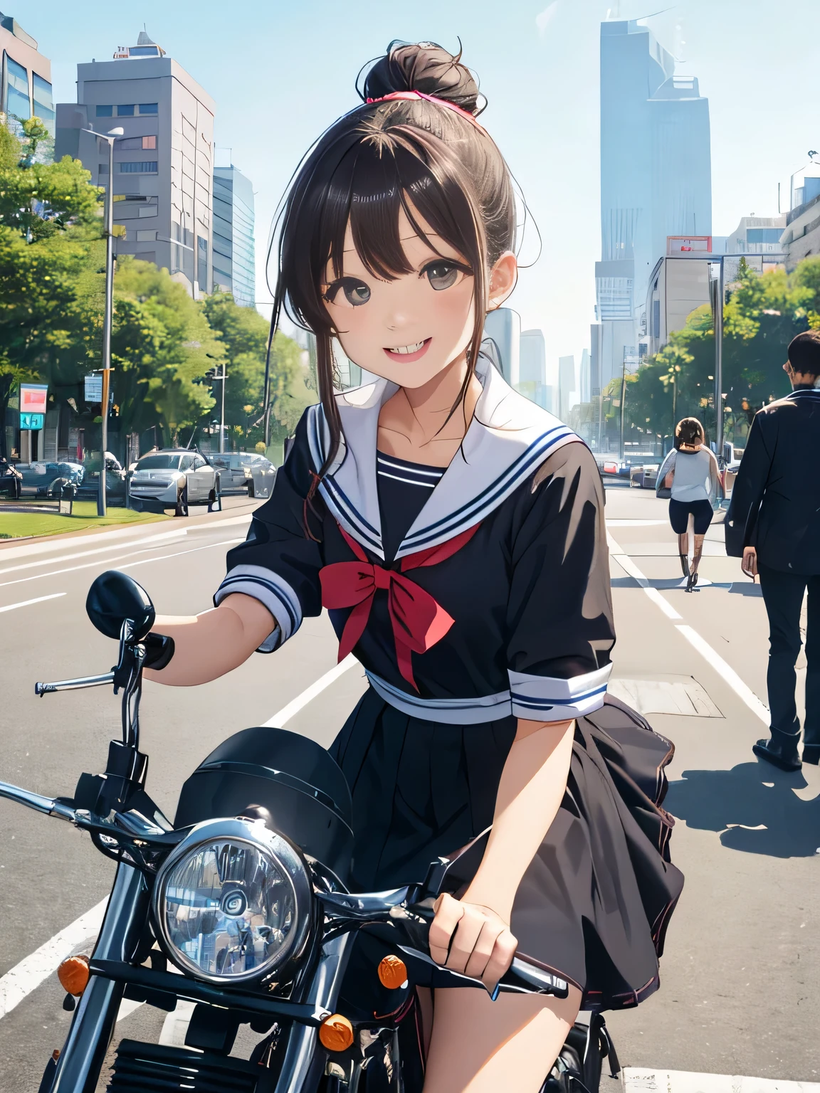 (8K、RAW photo、highest quality)、detailed background、beautiful and detailed face、beautiful and smooth skin、skin texture、professional lighting、Cute beautiful Iful Girl、Cute character wearing a sailor suit、Coming to school、
The costume is an elegant dress with a sailor collar and ribbon..、white knee high socks、Cute Ponytail、
Let's ride around town on a cool bike、Can drive at high speed even in the city, So that you can enjoy the view of the city.、skyscrapers and beautiful architecture、Park and riverside scenery、Enjoy the charm of the city.。smile