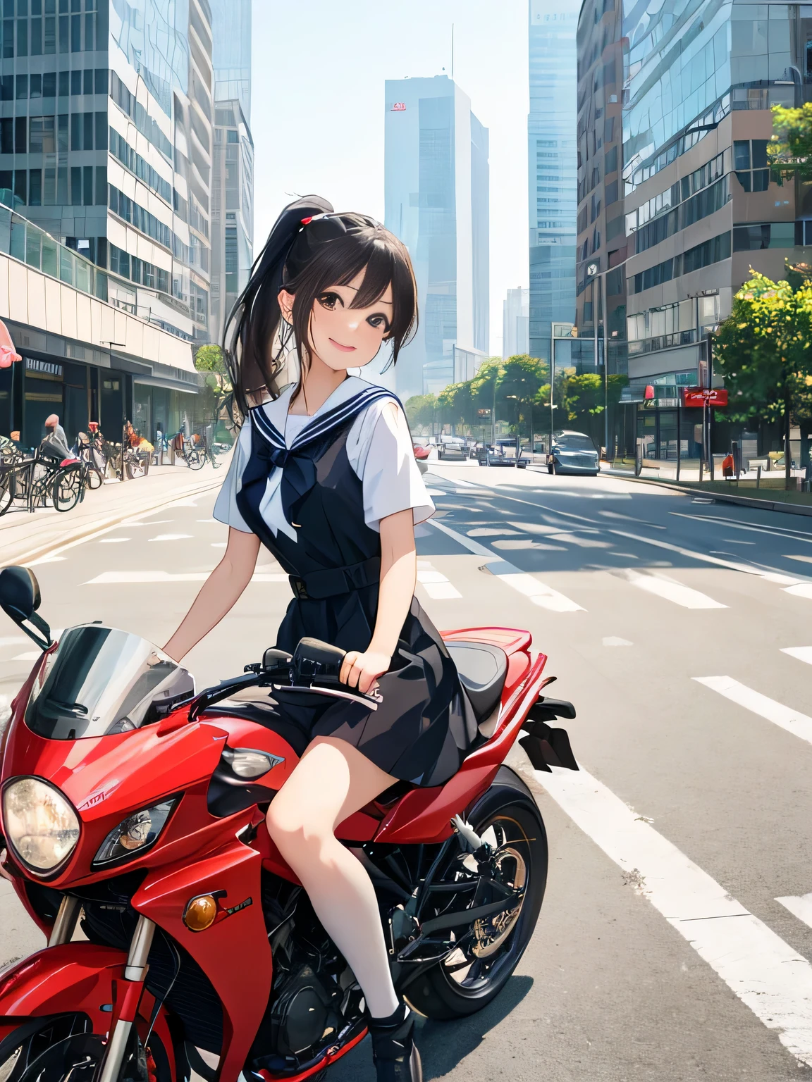 (8K、RAW photo、highest quality)、detailed background、beautiful and detailed face、beautiful and smooth skin、skin texture、professional lighting、Cute beautiful Iful Girl、Cute character wearing a sailor suit、Coming to school、
The costume is an elegant dress with a sailor collar and ribbon..、white knee high socks、Cute Ponytail、
Let&#39;s ride around town on a cool bike、Can drive at high speed even in the city, So that you can enjoy the view of the city.、skyscrapers and beautiful architecture、Park and riverside scenery、Enjoy the charm of the city.。smile