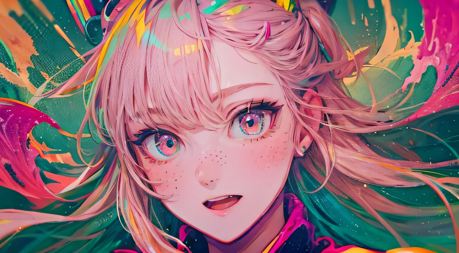 best quality, 4K wallpaper, masterpiece, extremely detailed CG unity 8k wallpaper, extremely detailed eyes, ultra-detailed, intricate details, face close up 1 happy smile shy girl in center, "no hand" retro art style, neon_pop art style, public, highway road, lake, mountain, car