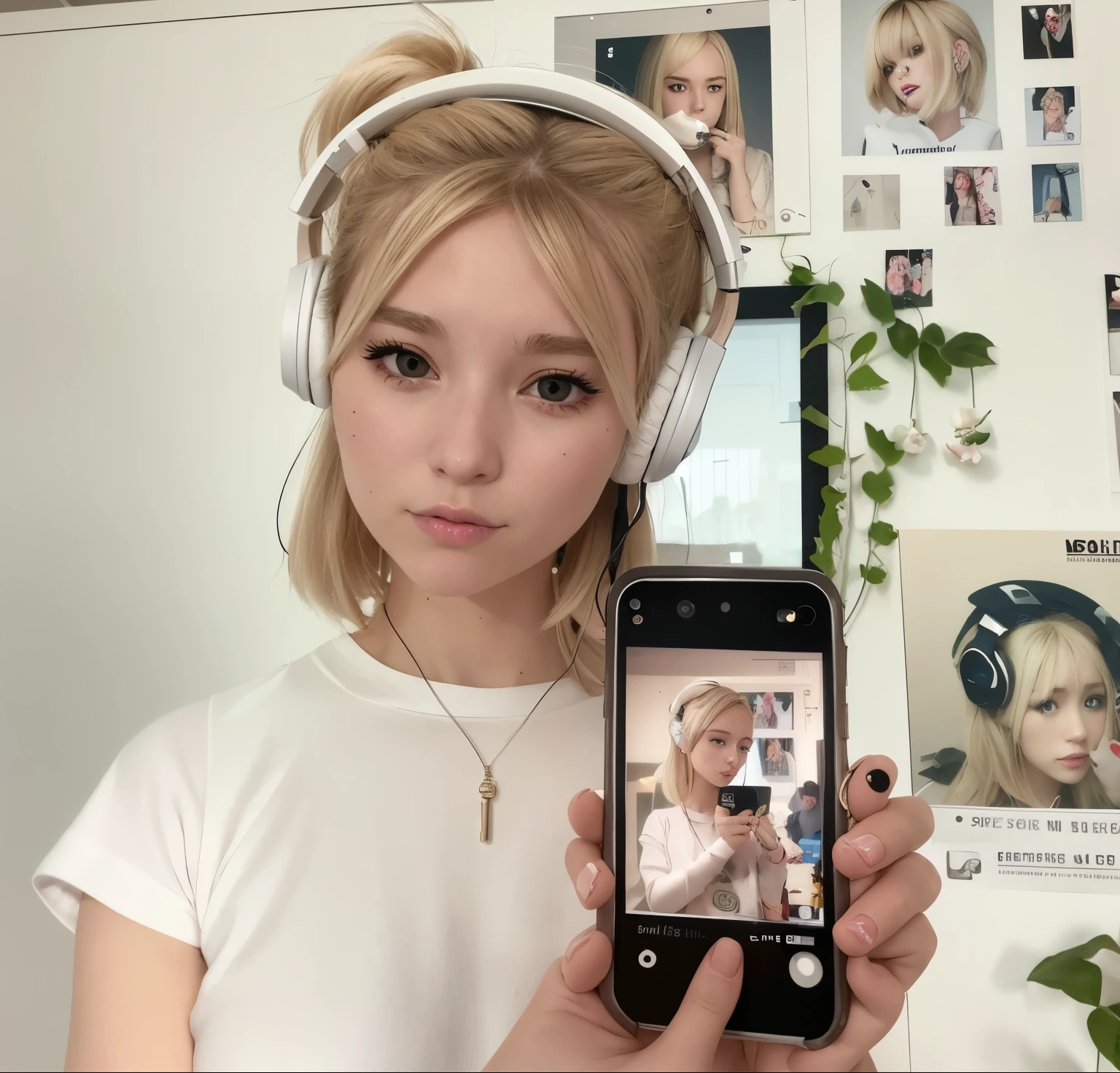 blond haired girl wearing headphones holding up a cell phone, lofi portrait, with head phones, lofi girl aesthetic, with headphones, lofi girl, portait photo profile picture, face with artgram, headshot profile picture, lofi portrait at a window, girl wearing headphones, portrait of kim petras, very accurate photo, album art, wearing headphones