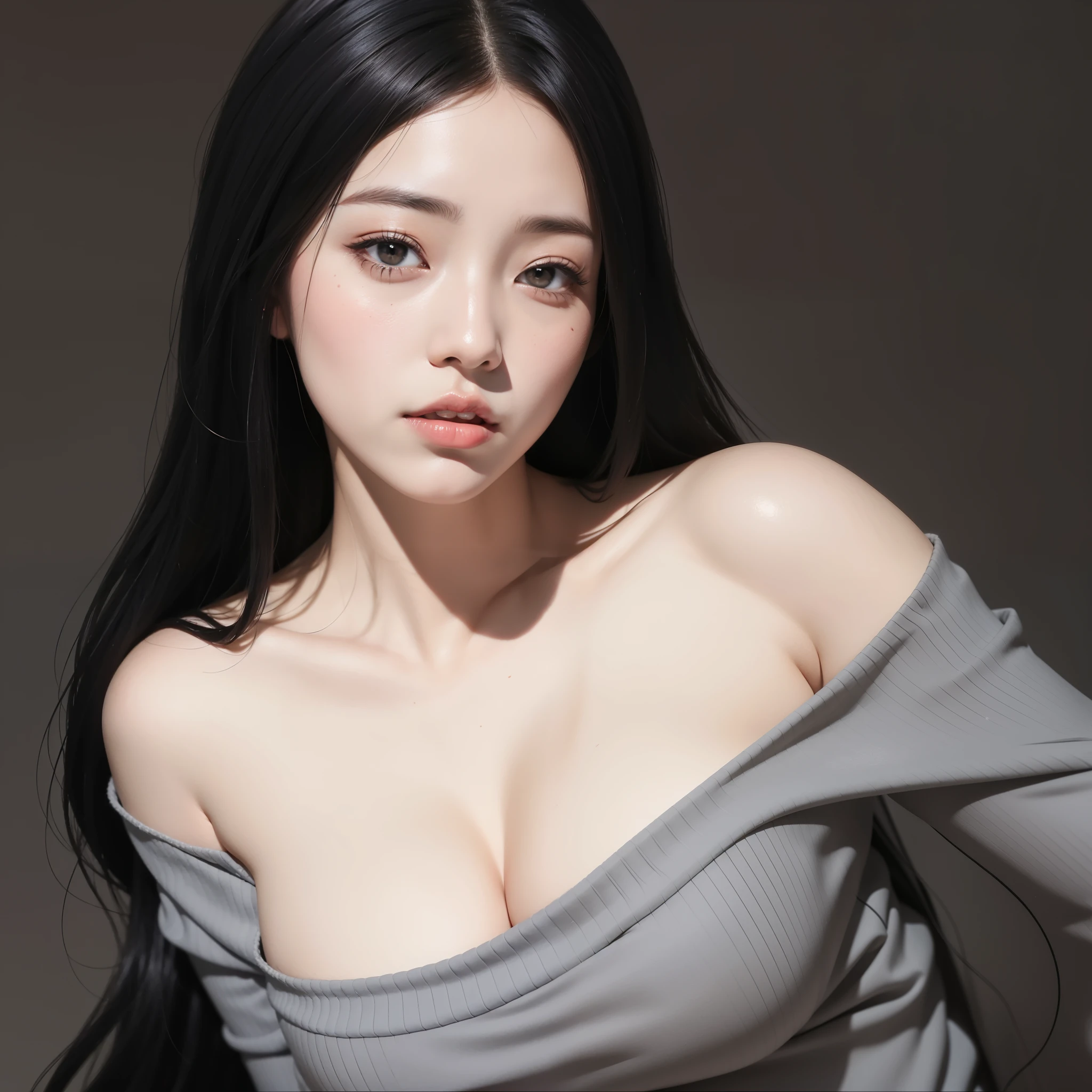 un primer plano de una mujer con el pelo largo y negro que lleva una blusa gris, [ arte digital 4k ]!!, muchacha coreana, obra de arte al estilo de guweiz, Realista anime 3 d style, liso anime cg art, Realista. cheng yi, liso. Pintura Digital, hecho con estudio de pintor anime, Realista artstyle, mujer coreana, digital anime illustration