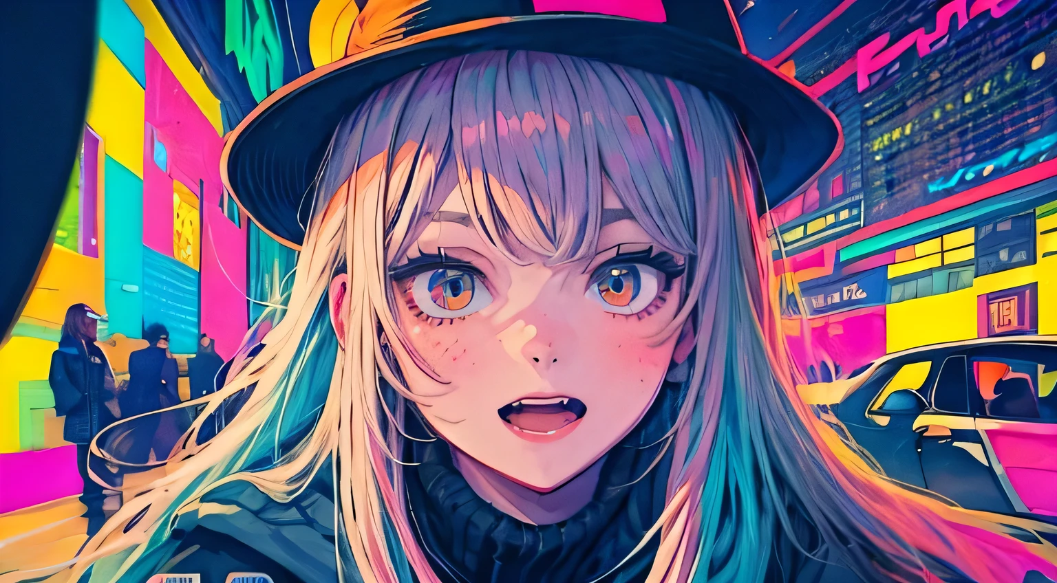 best quality, 4K wallpaper, masterpiece, extremely detailed CG unity 8k wallpaper, extremely detailed eyes, ultra-detailed, intricate details, face close up 1 happy smile shy girl in center, "no hand" retro art style, neon_pop art style, public, highway road, lake, mountain, car