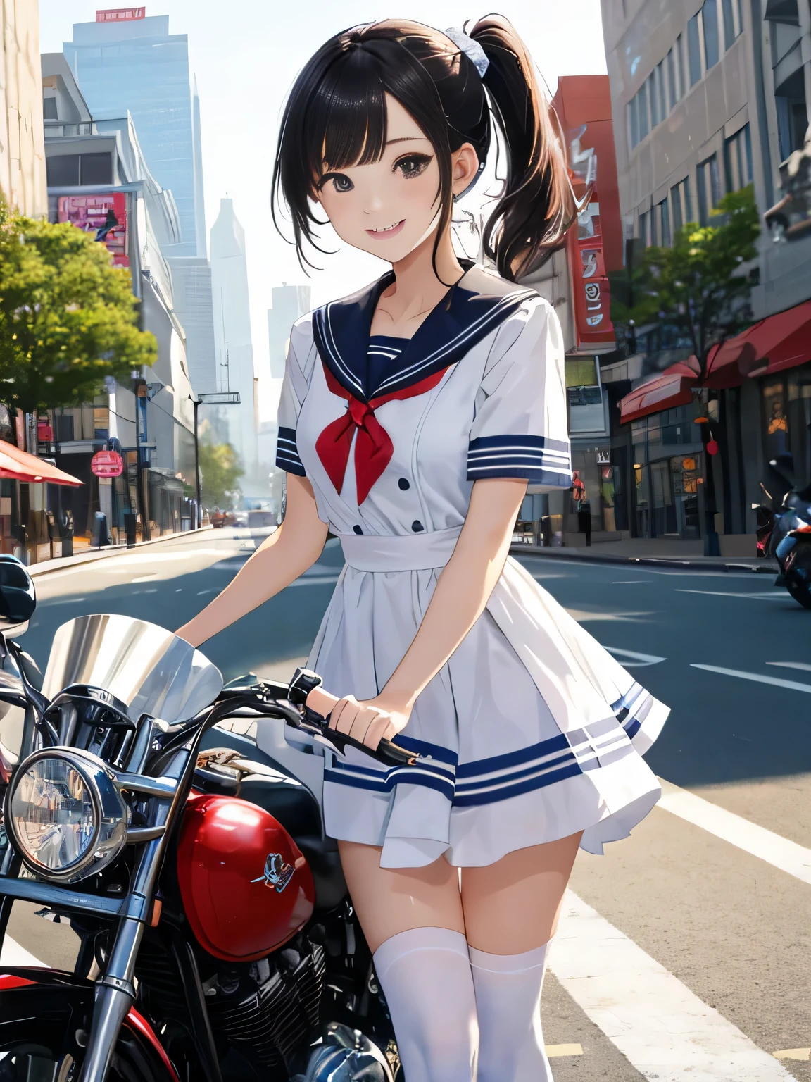 highest quality、detailed background、beautiful and detailed face、beautiful and smooth skin、Cute beautiful Iful Girl、Cute character wearing a sailor suit、
The costume is an elegant dress with a sailor collar and ribbon..、white knee high socks、Cute Ponytail、
Let&#39;s ride around town on a cool bike、Can drive at high speed even in the city, So that you can enjoy the view of the city.、smile