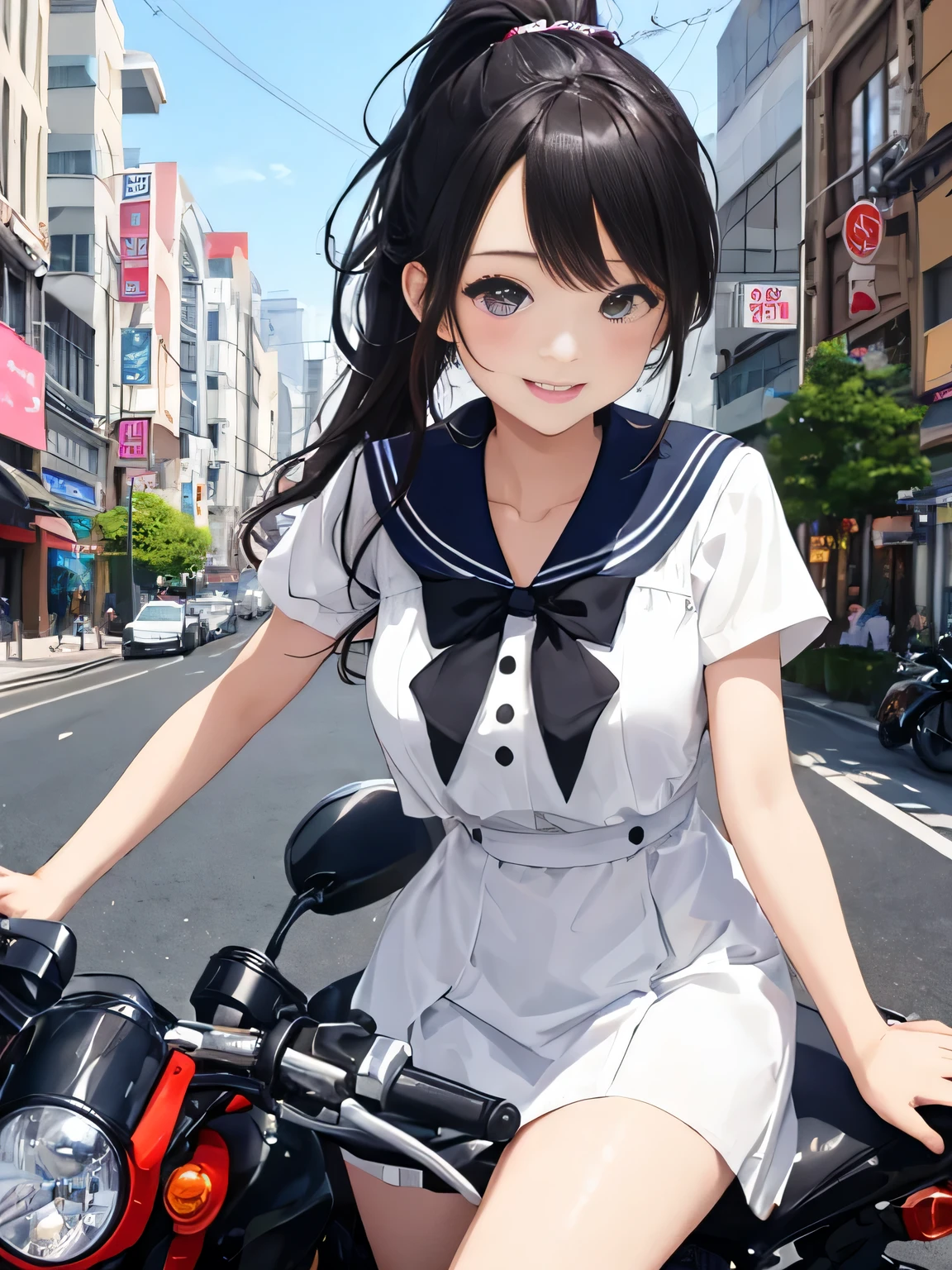 highest quality、detailed background、beautiful and detailed face、beautiful and smooth skin、Cute beautiful Iful Girl、Cute character wearing a sailor suit、
The costume is an elegant dress with a sailor collar and ribbon..、white knee high socks、Cute Ponytail、
Let&#39;s ride around town on a cool bike、Can drive at high speed even in the city, So that you can enjoy the view of the city.、smile
