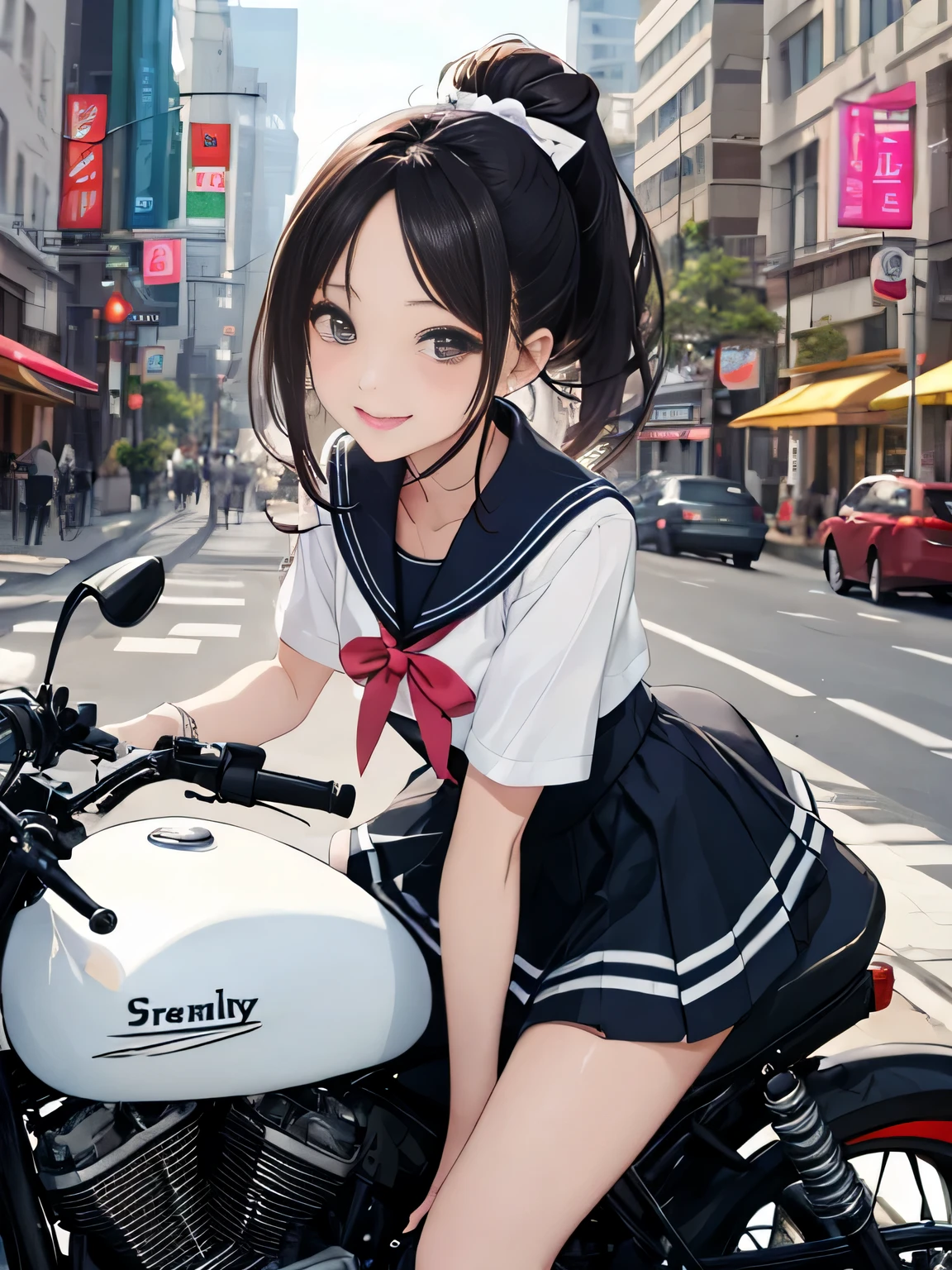 highest quality、detailed background、beautiful and detailed face、beautiful and smooth skin、Cute beautiful Iful Girl、Cute character wearing a sailor suit、
The costume is an elegant dress with a sailor collar and ribbon..、white knee high socks、Cute Ponytail、
Let's ride around town on a cool bike、Can drive at high speed even in the city, So that you can enjoy the view of the city.、smile