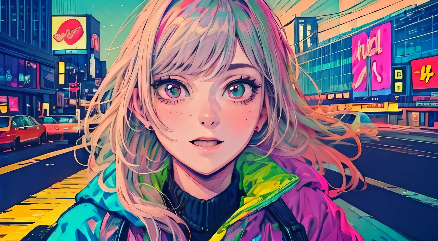 best quality, 4K wallpaper, masterpiece, extremely detailed CG unity 8k wallpaper, extremely detailed eyes, ultra-detailed, intricate details, face close up 1 happy smile shy girl in center, "no hand" retro art style, neon_pop art style, public, highway road, lake, sea, car