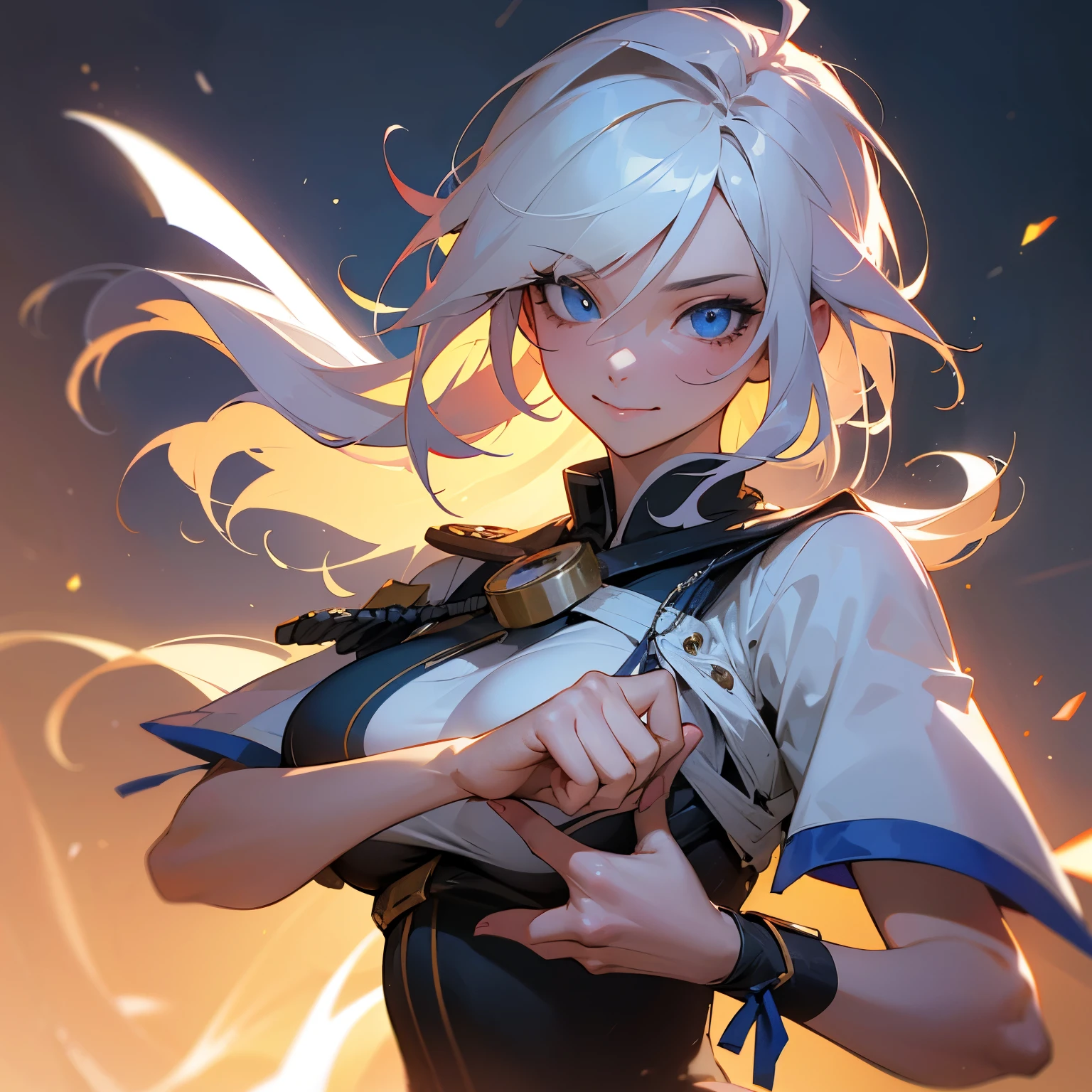 White haired, long haired, messy hair, blue eyes, dominant, cocky smile, big breast, a little bit muscular, school background, close to viewer, 3D rendering, detailed lighting, highres, ultra-fine painting, photorealistic, vibrant colors, bokeh, school background