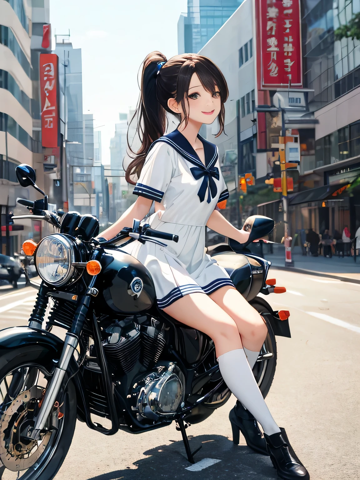 highest quality、detailed background、beautiful and detailed face、beautiful and smooth skin、Cute beautiful Iful Girl、Cute character wearing a sailor suit、
The costume is an elegant dress with a sailor collar and ribbon..、white knee high socks、Cute Ponytail、
Let's ride around town on a cool bike、Can drive at high speed even in the city, So that you can enjoy the view of the city.、smile
