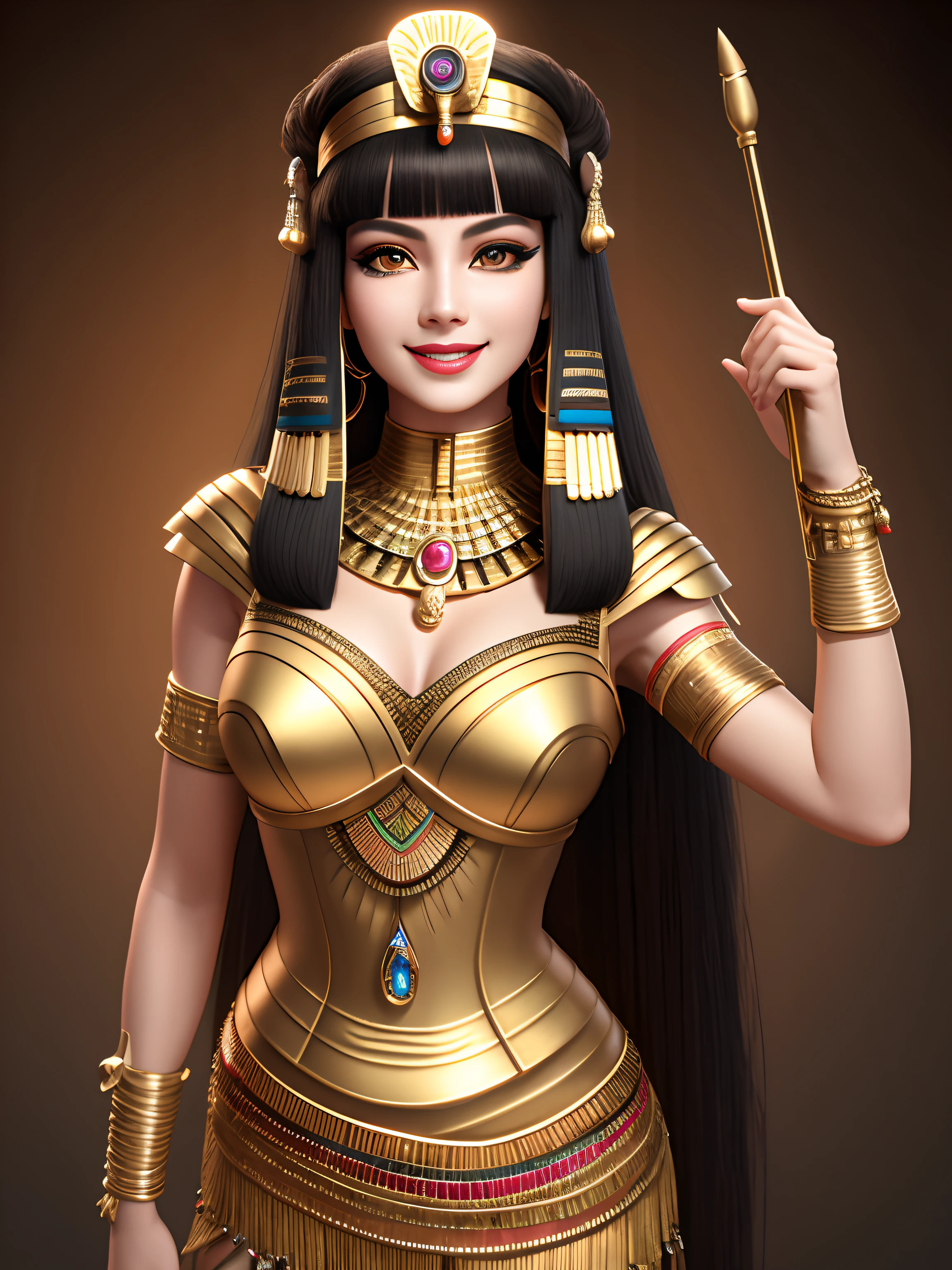 Cleopatra wore an elaborate Egyptian royal kilt in a colorful and sophisticated gown. She stands coquettishly in front of the pyramid. Front-facing 8K ultra-detailed 3D depth-of-field with Ancient Egypt theme. Background Fine Texture OC Rendering Ultra HD Fine Texture Front Body 3D Rendering 8K Ancient Egypt Theme Front 8K Ultra Fine 3D Depth of Field Background Fine Texture OC Rendering Ultra HD Fine Texture Front Body 3D Rendering 8K Fine Skin Oily Body Fine Skin Extreme Skin Detail Female White and Tender Skin,(8k),(extreme),(masterpiece:1.2),(fidelity:2), super detailed,1 female,cute, smiling, beautiful, detailed eyes, full body shot, nice detailed nose, full body, Movie texture, ((movie version lighting)), fine hair, (charm pose), long hair, realistic, single, super high resolution, beautiful teeth, small mouth, whole body, smile, gentle smile, standing, 1girl, pretty, masterpiece, very detailed face, perfect lighting, professional lighting, HDR, lipstick, super detailed,