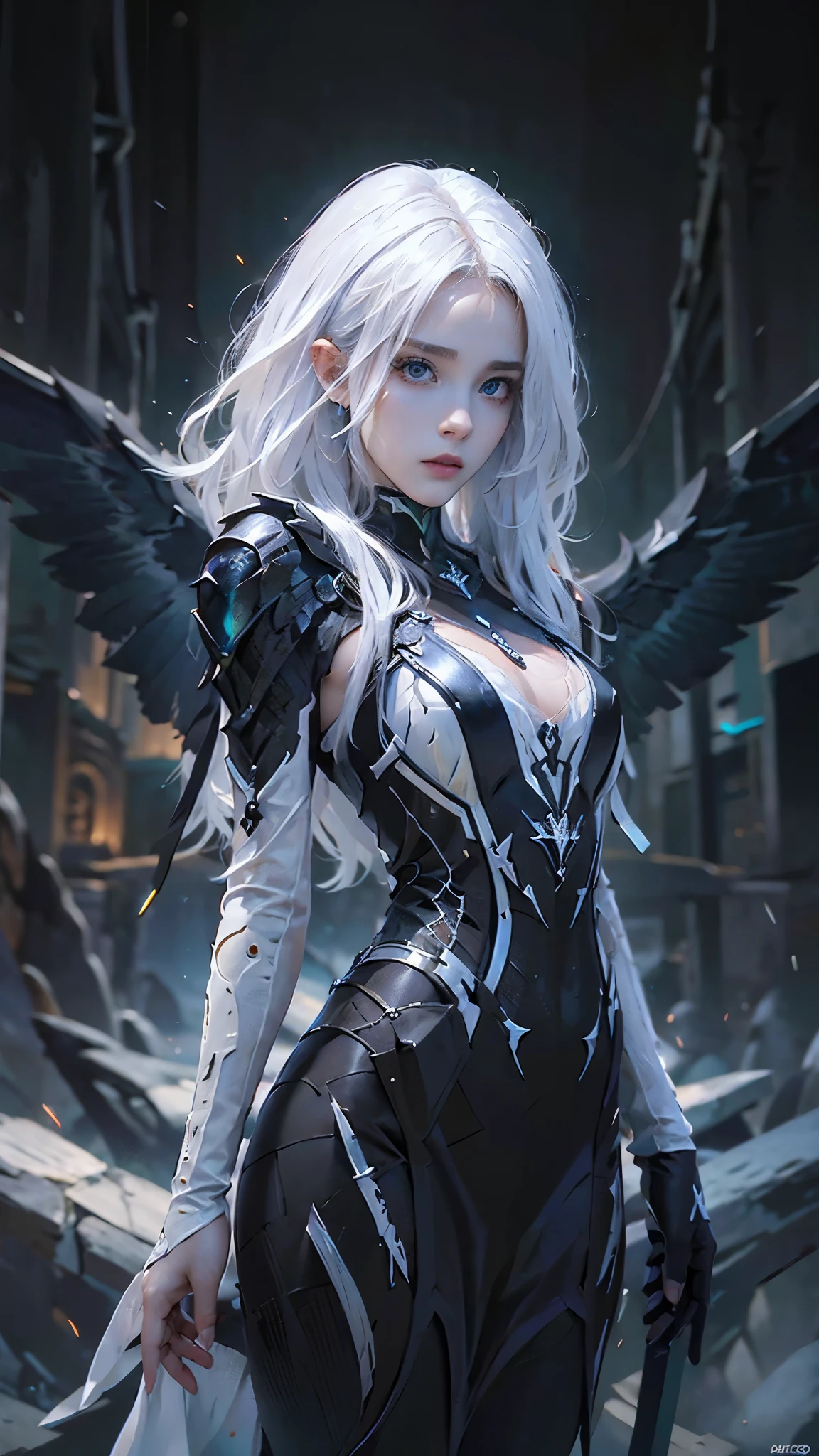 （tmasterpiece，best qualtiy）， 1lady， 独奏， （White scales， Scaly body）， The halo， wings， the fallen angel， brunette color hair， Loose waves， red eyes， （drak， The art of Hermann Nitch， Zdzislaw Beksinski， Dariusz Zawaziki， Giger），， nakeness，Vampires，pointy ears，Covered in blood，Primordial battlefield，dark stormy clouds，Lightning，