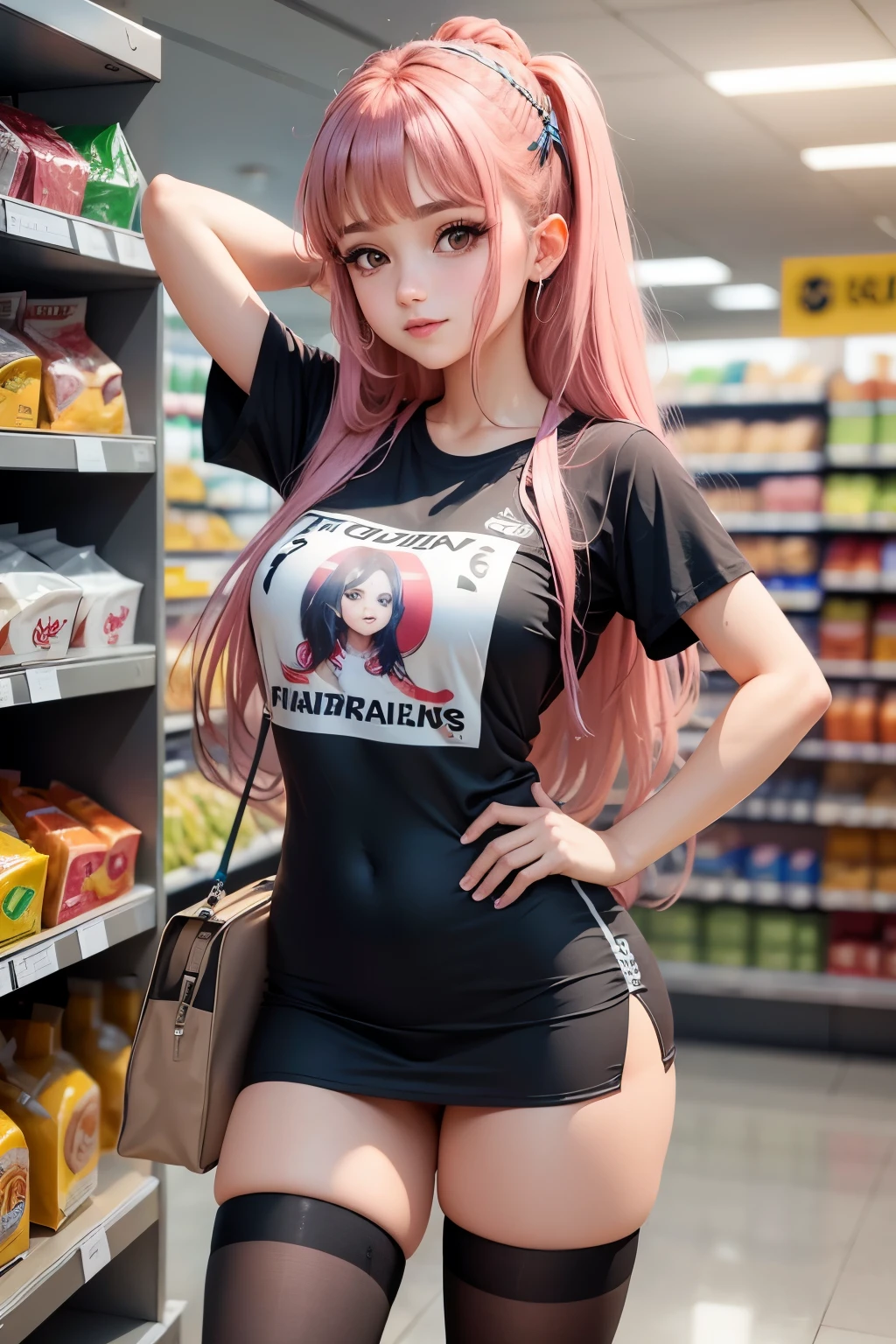 nsfw, bondage costume pink, sexy white girl, seduce, vibrant, Shopping mall