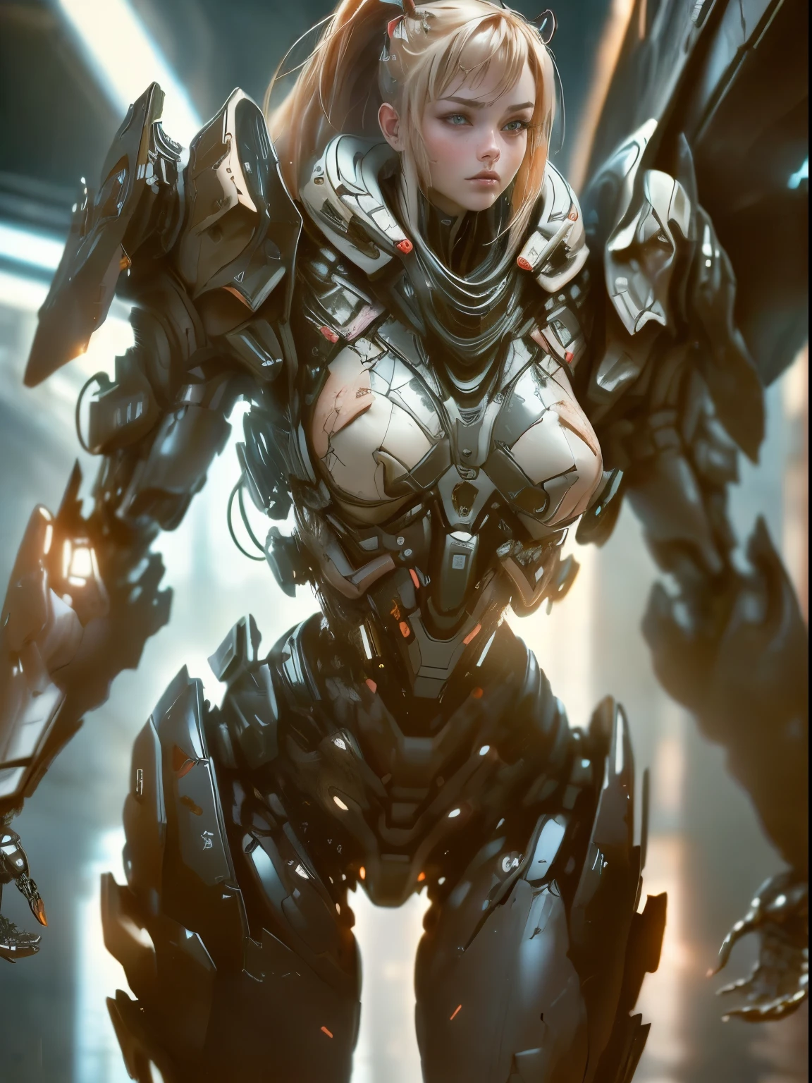 Giant mechanical breast module，Mechanical Breasts Battle Angel，Cyberpunk underground girl mechanical titan night experimental base，central control hall，The majestic giant towering girl mecha，Ultra-clear Unreal Engine photography rendering，Marbled silicone patch covers breasts，light hair，Masterpiece Samus，shocked expression，Unreal Engine Neon Atmosphere，slender posture，Kazlan’s pretty face，Sexy magazine cover takes place in a dark underground palace，There is a romantic atmosphere and special effects halo behind the future mechanical angel，super clear breasts，Large mechanical breast module，Kazlan’s charming eyes