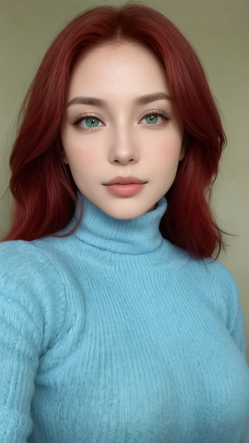 arafed woman com cabelo ruivo and blue sweater posing for a picture, amoranto, better known as amoranto, young beautiful amoranto, Red head, cabelos vermelhos carmesim e olhos vermelhos, com cabelo ruivo, red hair and attractive features, peruca vermelha, com cabelo ruivo and green eyes, garota ruiva, pele vermelha lisa, cabelos tingidos de vermelho