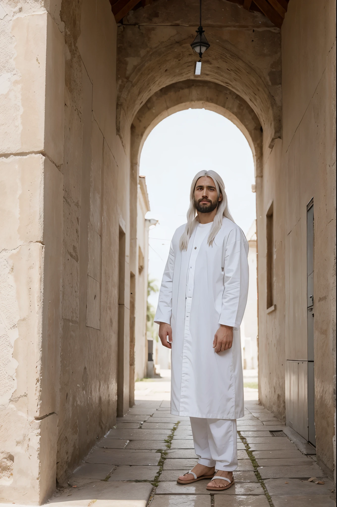 Jesus Christ in white clothes and white hair and standing 