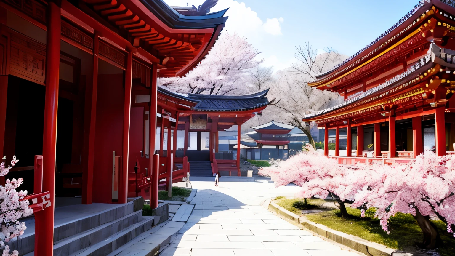 Beautiful temple scene, spring, cherry blossoms, 16:9 ratio image,  main color is red, [[ temple goers ]], Old men and women go to temples and worship Buddha
