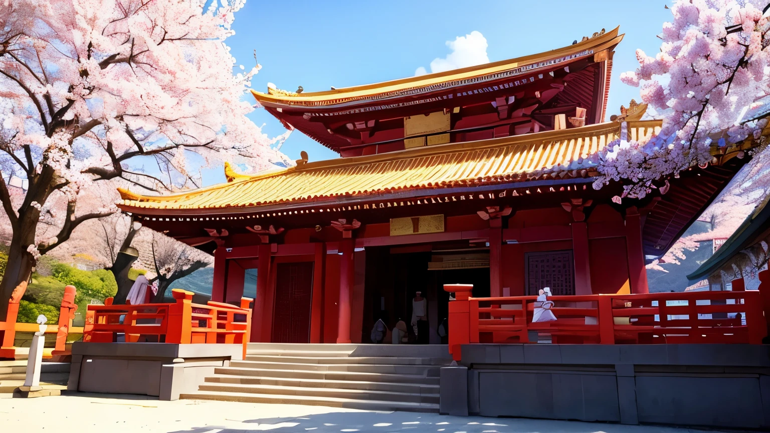 Beautiful temple scene, spring, cherry blossoms, 16:9 ratio image,  main color is red, [[ temple goers ]], Old men and women go to temples and worship Buddha
