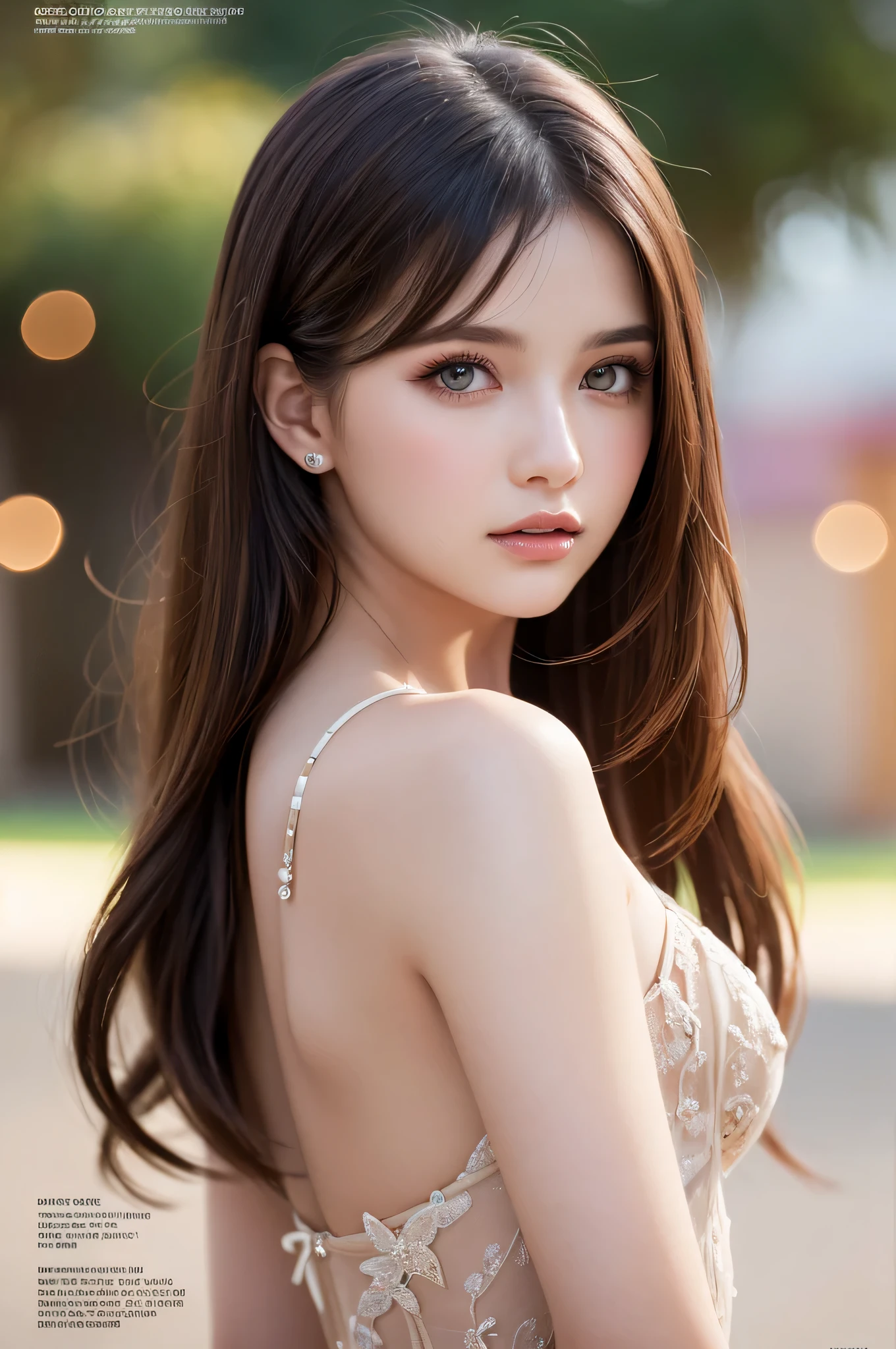 (best quality), (ultra-detailed), (llustration), (detailed light), (an extremely delicate and beautiful), ung girl, long hair, brown hair, brown eyes, model, (women fashion magazine coverr:1.5), best quality, extremely detailed CG unified 8k wallpaper, High-definition raw color photos, professional photograpy, (((Bokeh))), depth of fields,
