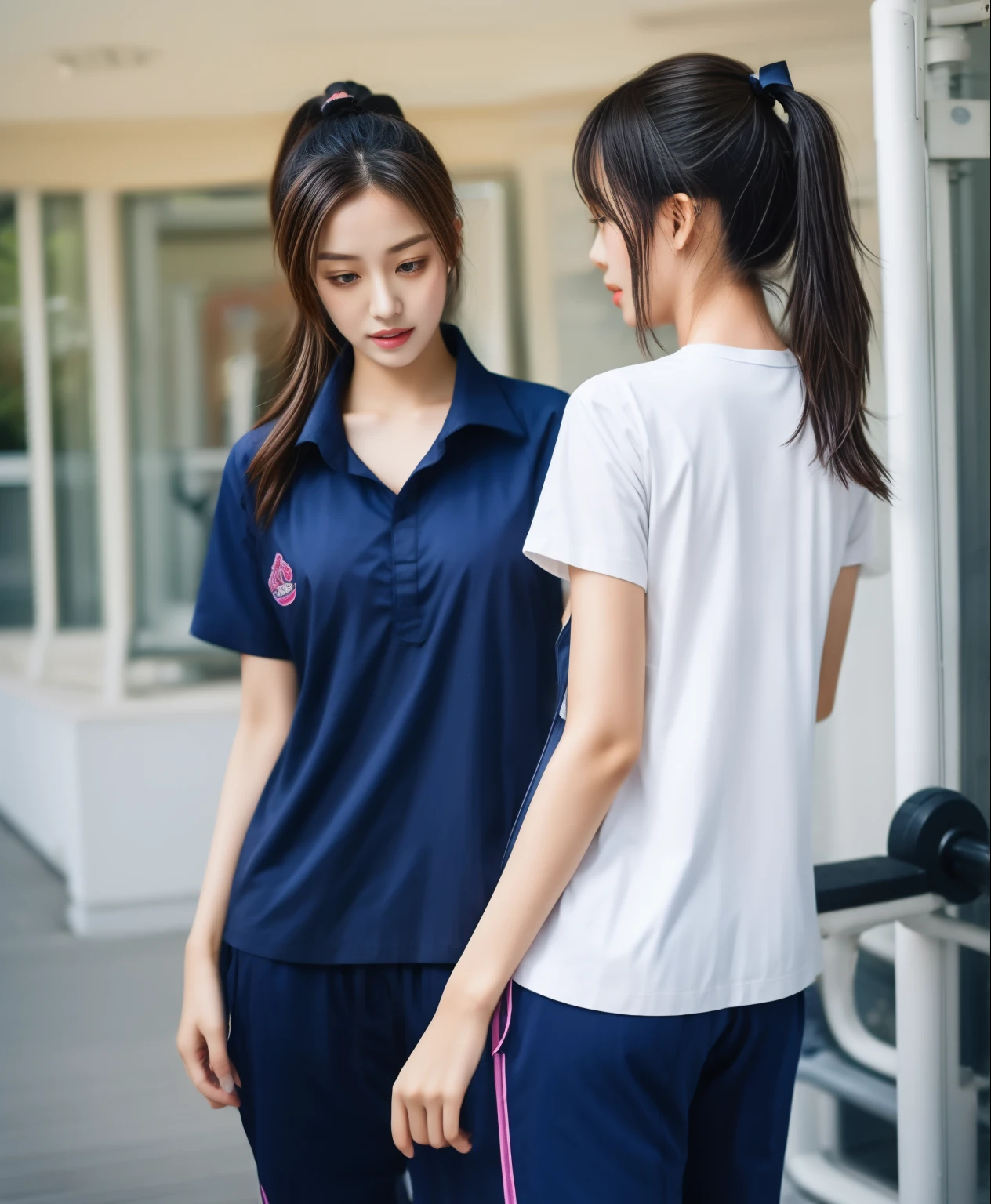 3 girls in fitness center, Navy blue short-sleeved shirt,Navy Long Trackpant,Sweatpants, Sweatpantsขายาว,25 year old girl, lesbian, sexy, exercise clothes, wet body, exercise clothes