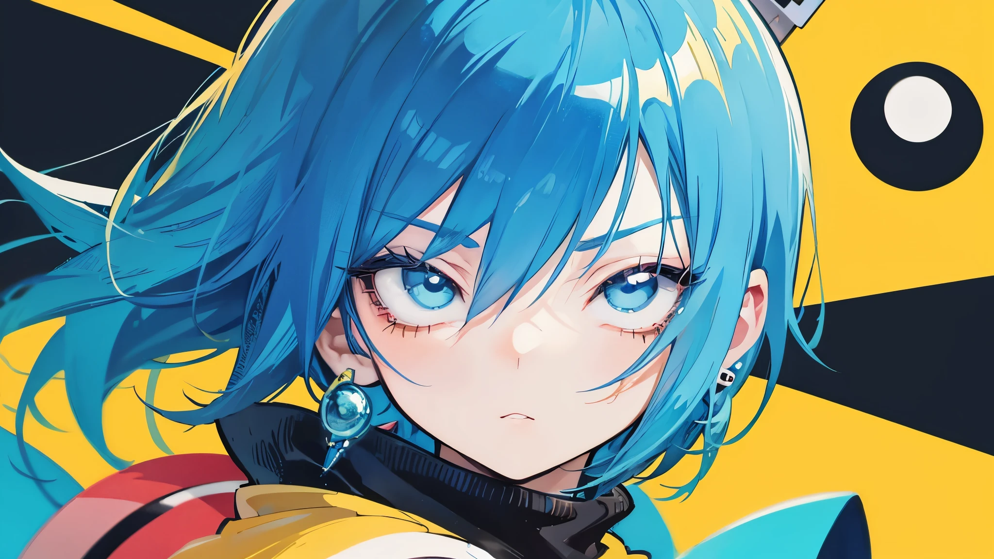 Close up of cartoon girl with blue hair and yellow shirt, 2D anime, 2D anime style, 2D art, 2D art, 2D from Gorillaz, 2D from Gorillaz, 2D Gorillaz, Screaming Cerket, 2D sprite, Jinx Face,earrings