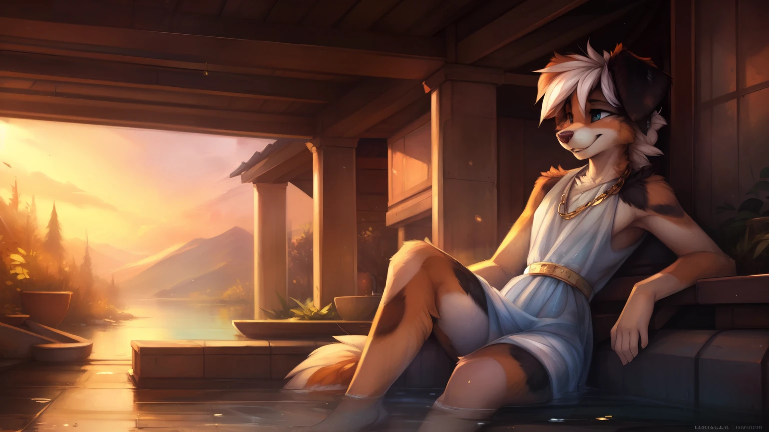 by kenket, by Zackary911, by hyattlen, by teranen, by fumiko, by Pixelsketcher, by Bayard Wu, by Einshelm, by Kilinah, by Hioshiru, by fluff-kevlar, by Dimwitdog, Furry, Anthro, ((Australian Shepard)), (()), ((male)), ((slender)), full body, playful, laughing, short white hair, ((teengreek bath house, cinematic lighting, ((fluffy tail)), ((gold chain waist line, see-through dress, sitting in water, legs open, legs apart, legs spread)), ear piercing, fluffy pubic hair, flirting