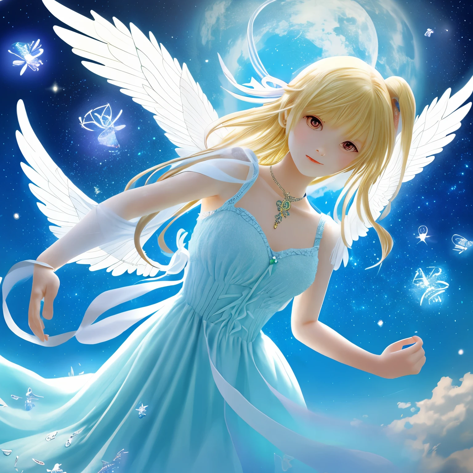 masterpiece,highest quality,(8k wallpaper that integrates high-definition CG),(highest quality),(best illustrations),(best shadow),highly detailed pictures,Overall personality,photorealism,surrealism,Angelキャスター,blonde,紫色の目をしたbaby,beautiful figure painting,Decorated with unique carvings and jewels, Angel力とスキルを表します,Magnificent and beautiful character art,great character art,Angel on pixiv art site,輝くAngel,beautiful sky,great outdoor activities,Surrounded by fairies,(nature elements),(blue skyのテーマ),(light),(blue sky),(petal),(particle effects)Other 3D, octane rendering,ray tracing,Super detailed、Angel、fluffy、baby、翼のついたbaby、Angel、arrow shot at you