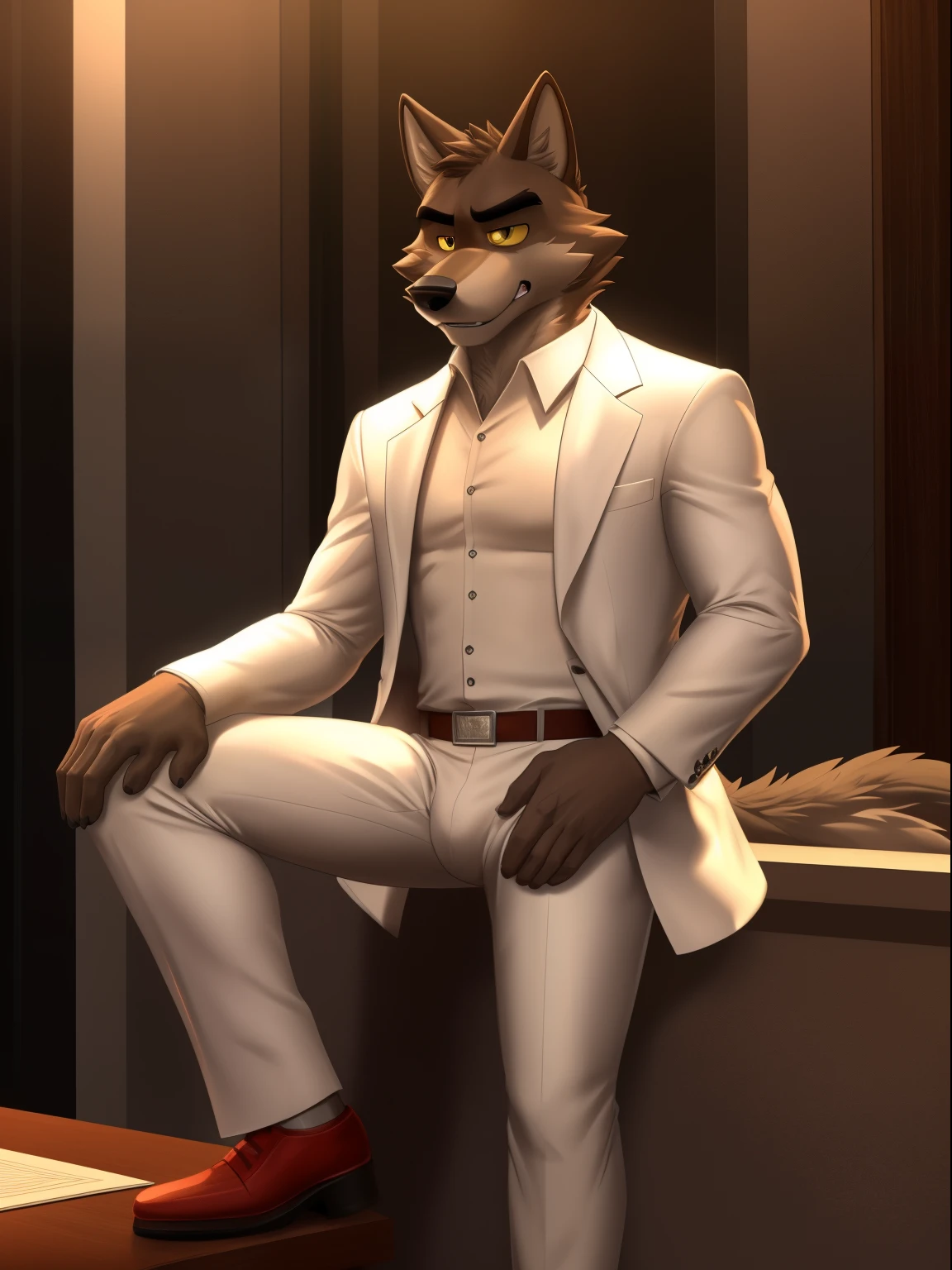 ((perfect anatomy, fine eyes, fine legs, arm details, Detailed tail, detailed body, detailed face)), Mr. Wolf, (bad guys), 1 male, brown fur, Yellow eyeball, black eye, white suit, by Zachary 911, Zachary 911