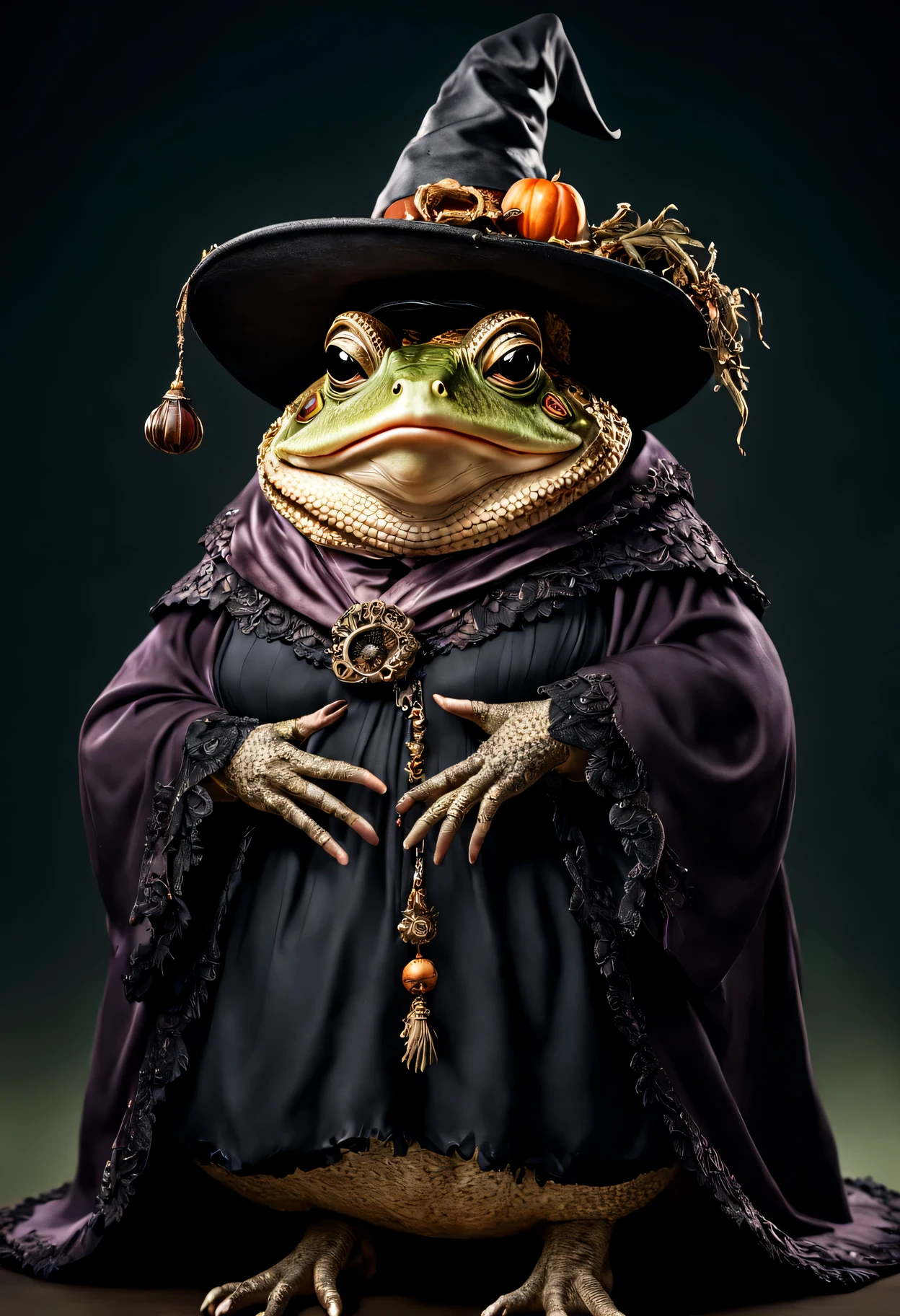 photorealistic portrait of Dressed animals - a ((fat)) toad witch,(elegant pose), high quality,(lovely) ,intricate details, highly detailed ((witch robe and hat)) ,,highly detailed decorations, , (creepy), studio lighting,(full body image:1.5)