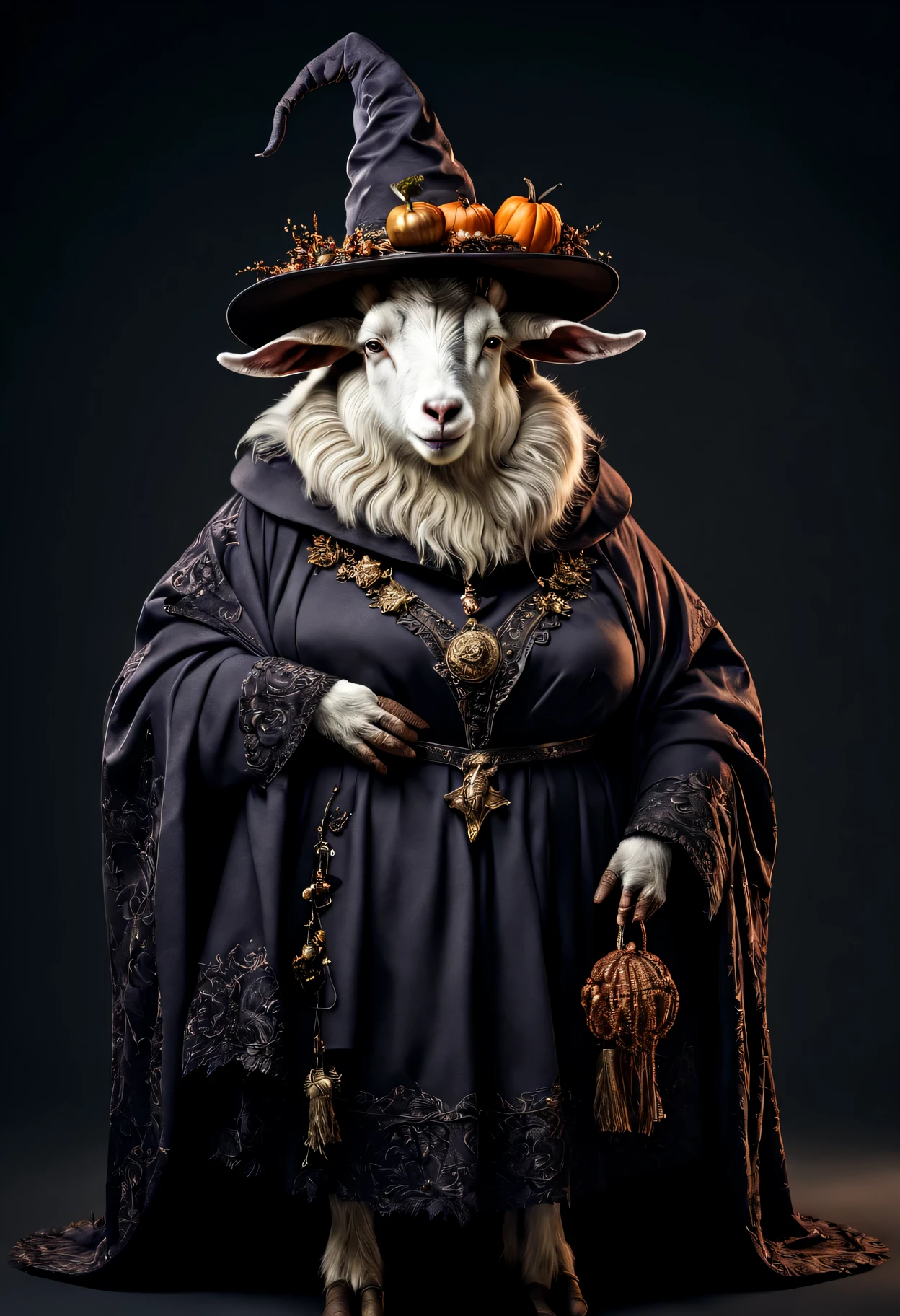 photorealistic portrait of Dressed animals - a ((fat)) goat witch,(elegant pose), high quality,(lovely) ,intricate details, highly detailed ((witch robe and hat)) ,,highly detailed decorations, , (creepy), studio lighting,(full body image:1.5)