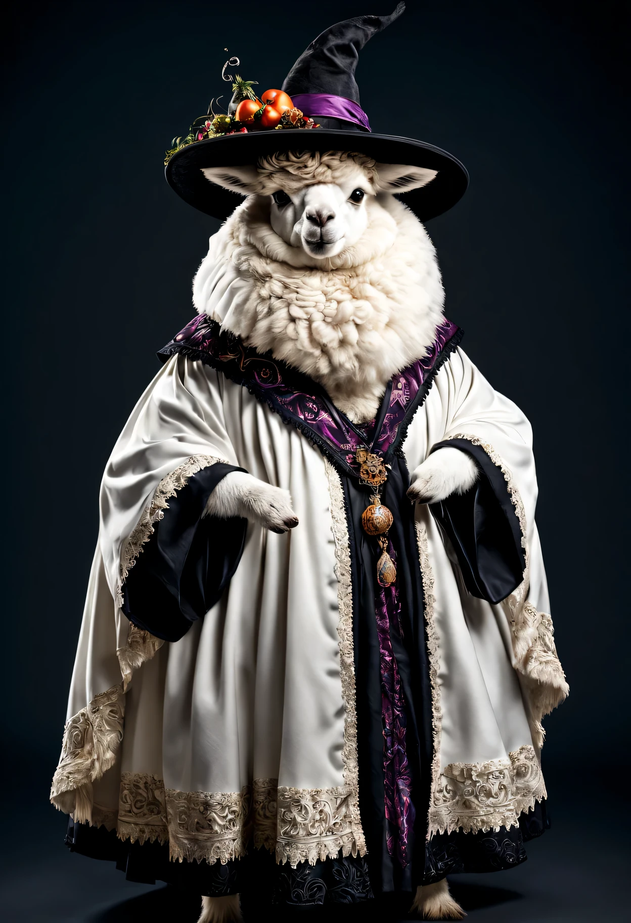 photorealistic portrait of Dressed animals - a ((fat)) white alpaca witch,(elegant pose), high quality,(lovely) ,intricate details, highly detailed ((witch robe and hat)) ,,highly detailed decorations, , (creepy), studio lighting,(full body image:1.5)