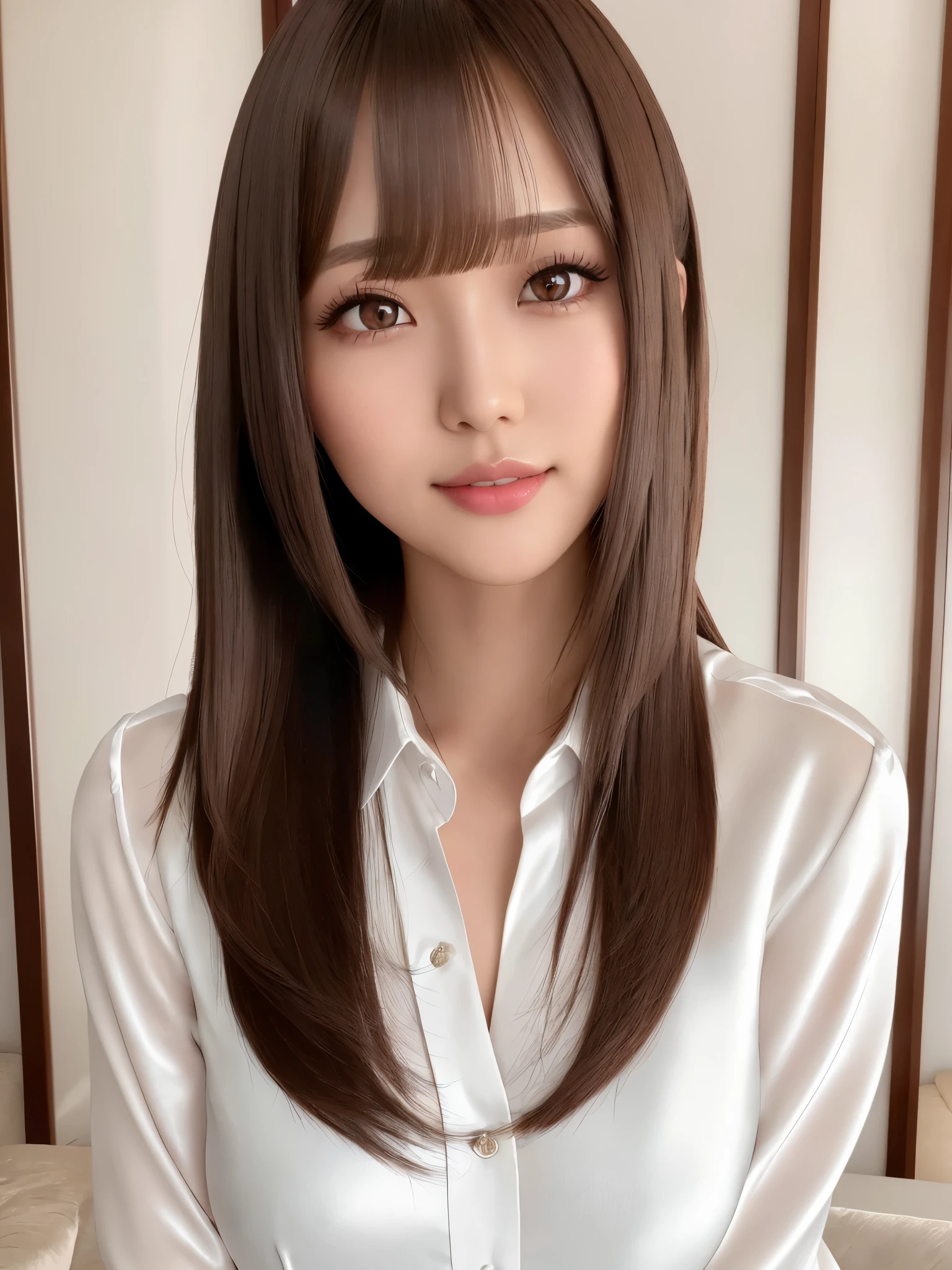 product quality, 1girl, upper body shot, front view, a Japanese young pretty girl, long bob hair, standing with a big smile in a luxury hotel room, glamorous figure, wearing a white collared silky satin shirt of long sleeves over shiny satin white panties, shiny satin cheongsam in her arms, hyper cute face, glossy lips, double eyelids in both eyes, natural makeup, long eyelashes, shiny smooth light brown long bob hair, asymmetrical bangs, a tanned skin, central image, high resolution, high detail, detailed hairstyle, detailed face, spectacular cinematic lighting, octane rendering, vibrant, hyper realistic, perfect limbs, perfect anatomy