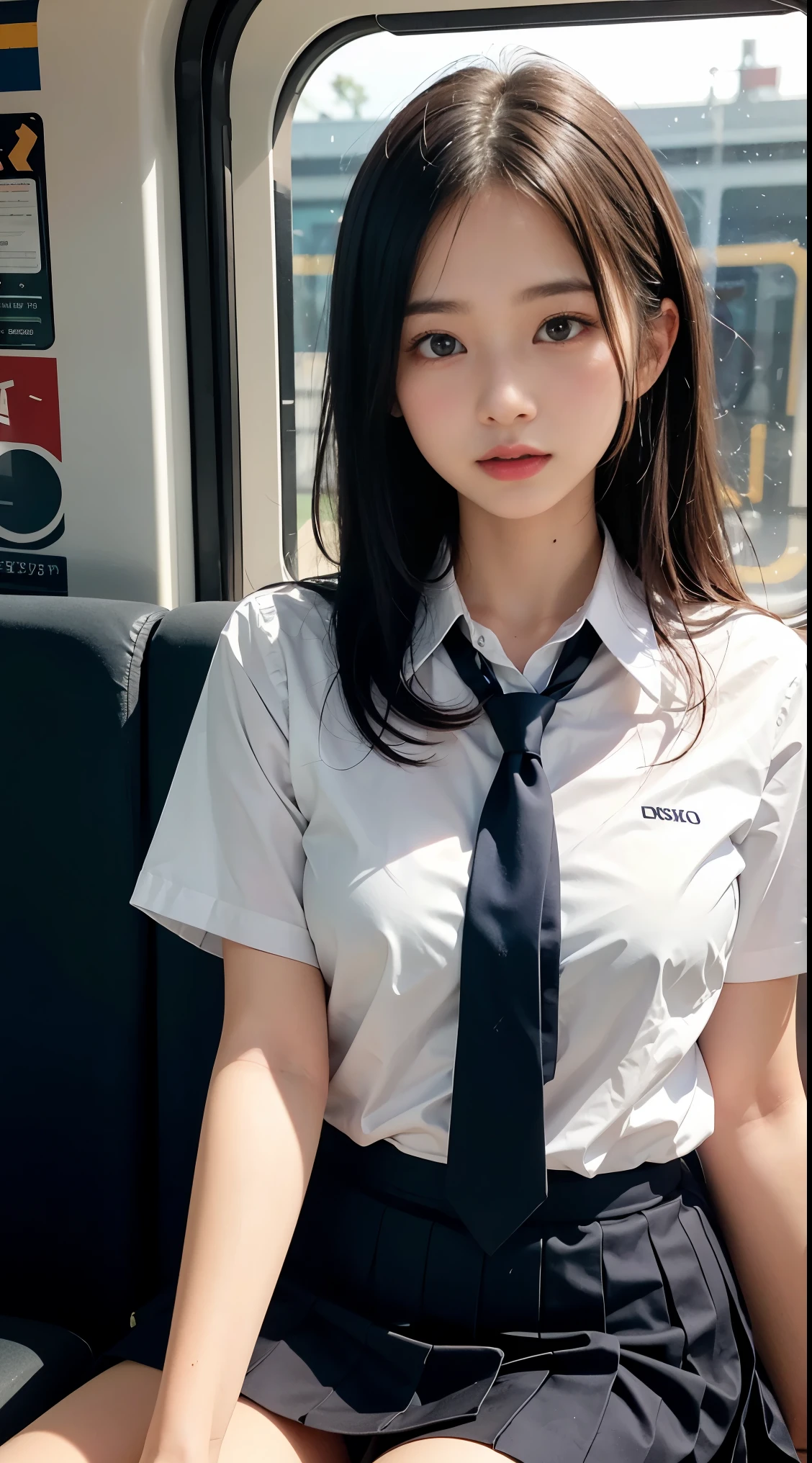 (table top, best quality:1.2), 8 thousand, 15 year old student, 85mm, official art, RAW photos, absurd, white dress shirt, pretty face, enlargement, upper body, violet family, gardenia, Beautiful girl, , (navy Pleats Skirt:1.1), Cinch West, thighs thighs thighs thighs, Short sleeves, On the train, Sit on a bench seat, looking at viewer, what makeup, (laugh:0.4), film grain, chromatic aberration, sharp focus, face lighting, Clear lighting, adolescent, detailed face, bokeh background, (Dark red tie:1.1)