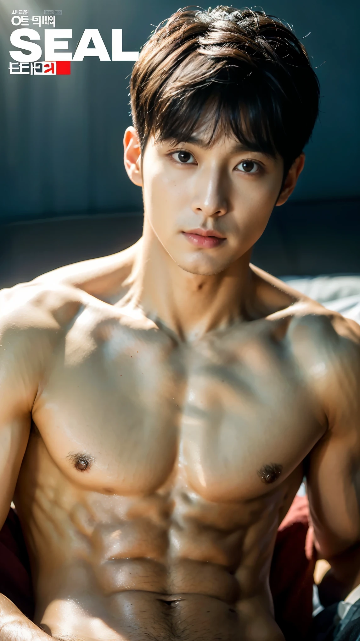 create cinematic shot portrait of the most handsome korean man in 2024, 27 years old, model, oppa,actor, charming, flawless,shirtless, six pack, detailed face, perfect face and hair, short black hair, buzz cut, actor, stylist, chest hair, best quality, half body shot,8k