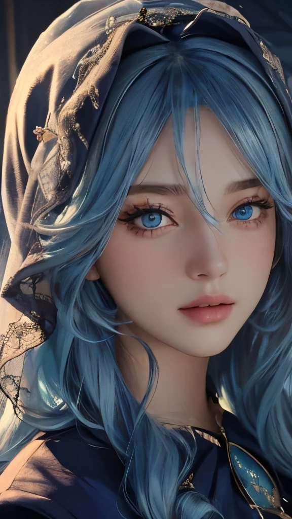 Close-up of a woman wearing a veil and headscarf, 8k high quality detailed art, kawaii realistic portrait, Soft portrait shots 8K, Detailed portrait of the girl, Stunning facial portraits,Detailed beautiful face, Beautiful girl portrait,sky blue hair,semi long hair,blue eyes