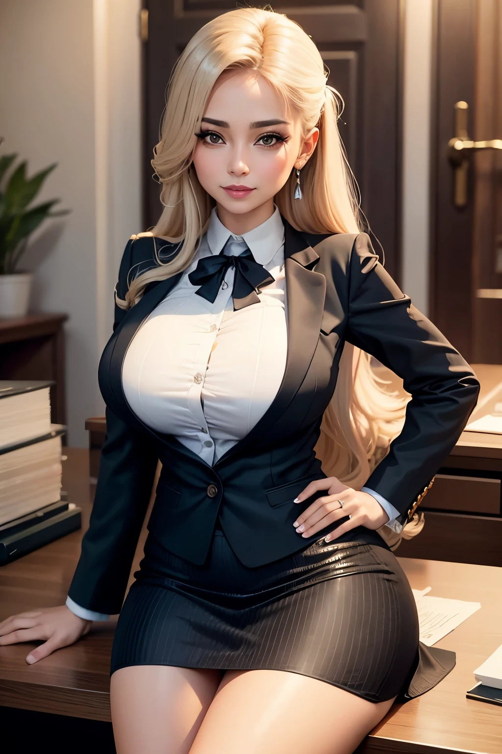 Secretary of Mexico, milf, They are 30 years old, aligned eyes, smiling, Very long straight hair, She will be wearing a tight striped skirt, She will be wearing a blouse, thin waist, huge breasts, She will be with her back to the viewer, She will be sitting in the office .