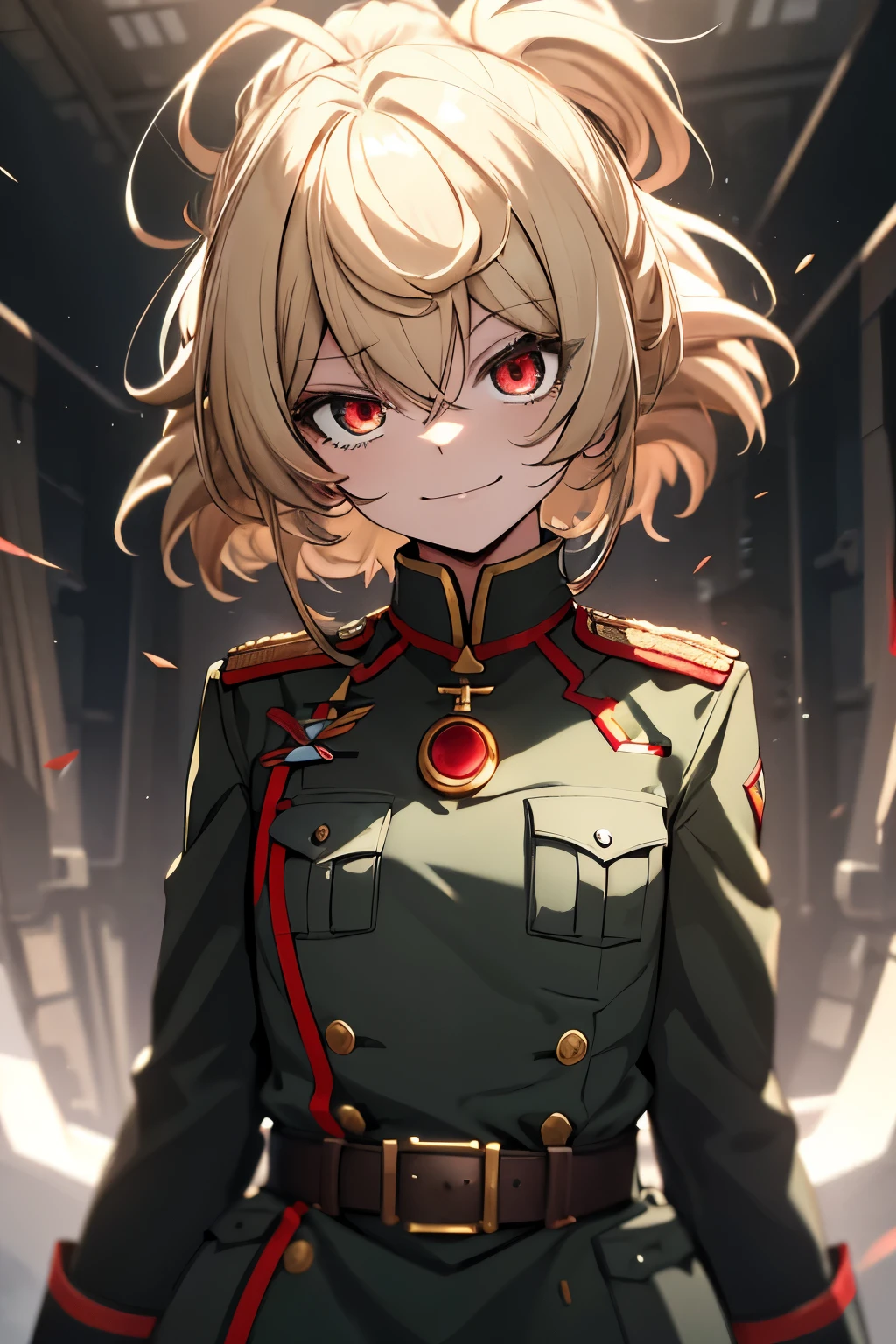(masterpiece, best quality: 1.1), 1girl solo, tanya, 1girl, solo, , flat chest, small breasts, curvy, military, military uniform, ,, evil smile, wicked expression, anger, red eyes, neutral lighting