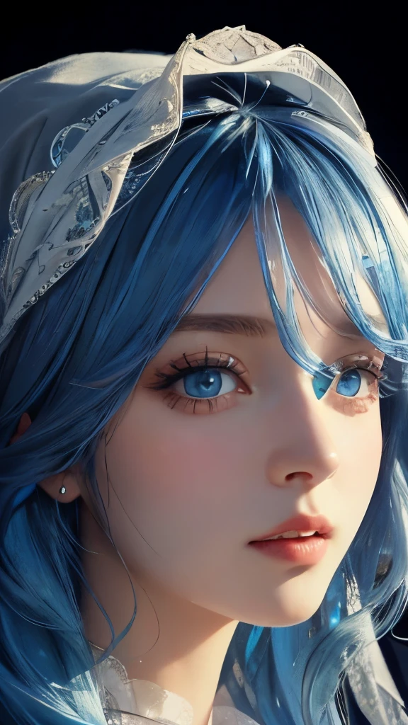 Close-up of a woman wearing a veil and headscarf, 8k high quality detailed art, kawaii realistic portrait, Soft portrait shots 8K, Detailed portrait of the girl, Stunning facial portraits,Detailed beautiful face, Beautiful girl portrait,sky blue hair,semi long hair,blue eyes