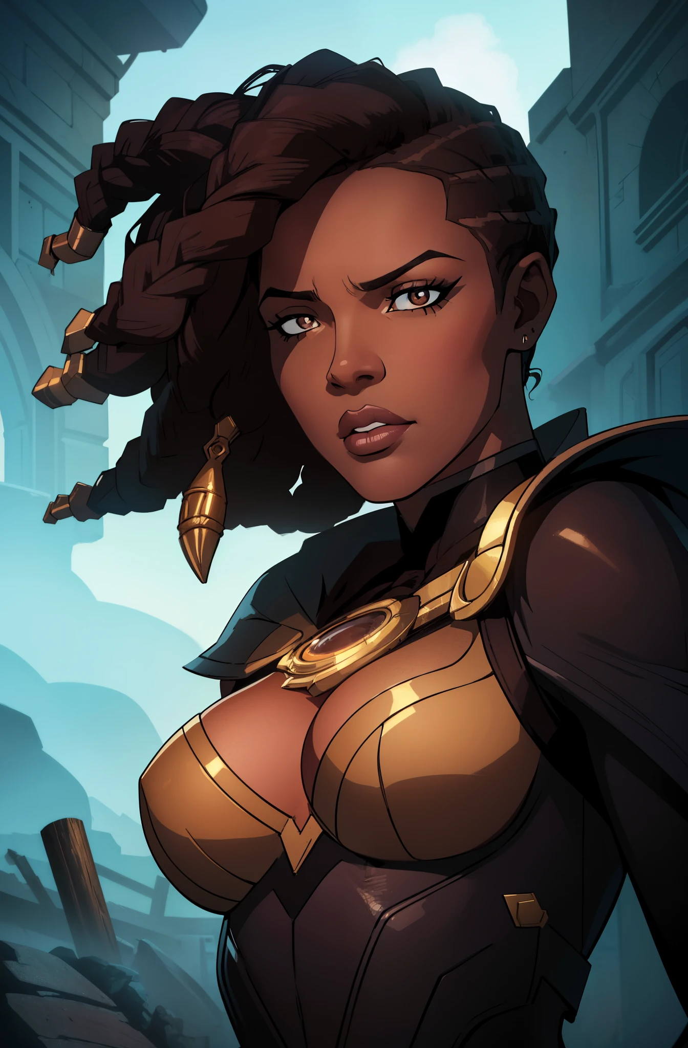 professional, atmospheric lighting, illustration, cover art, (black:1.2), (portrait), splash, beautiful face detailed, hazelnut eyes, (attractive young woman:1.3), (seductive:1.1), bokeh, brown skin, beautiful African-American woman, ((huge lips)), eyelashes, solo, 1 girl, sultry expression, (squint eyes:1:1.3) direct look, contoured