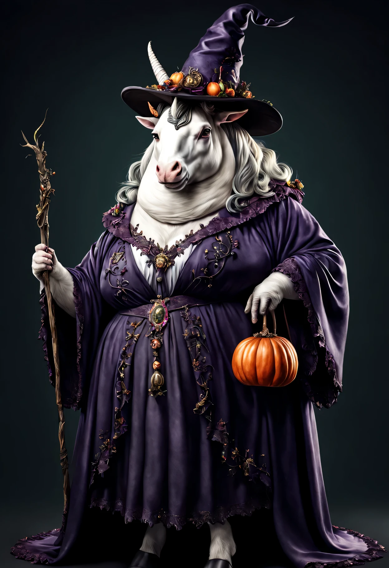 photorealistic portrait of Dressed animals - a ((fat)) unicorn witch,(elegant pose), high quality,(lovely) ,intricate details, highly detailed ((witch robe and hat)) ,,highly detailed decorations, , (creepy), studio lighting,(full body image:1.5)