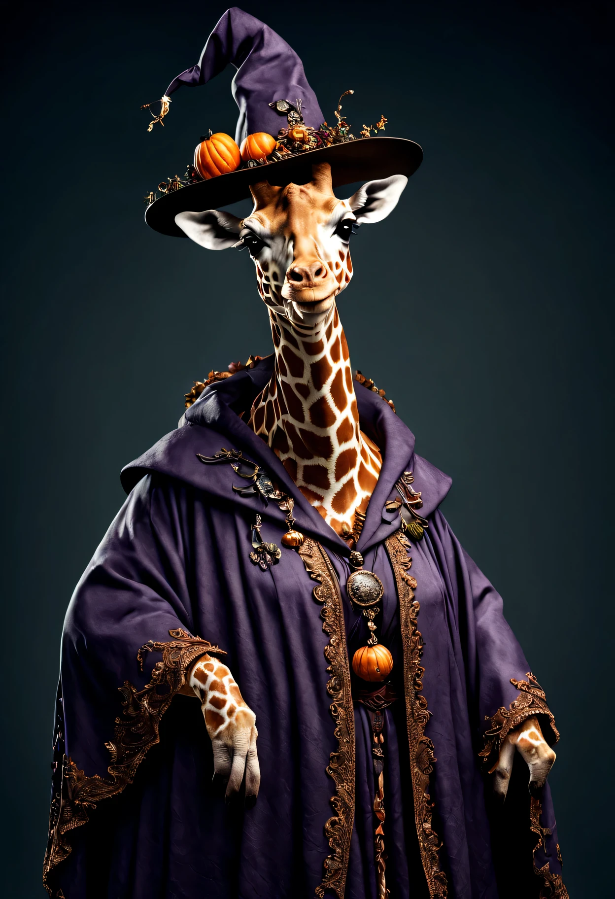 photorealistic portrait of Dressed animals - a ((fat)) giraffe witch,(elegant pose), high quality,(lovely) ,intricate details, highly detailed ((witch robe and hat)) ,,highly detailed decorations, , (creepy), studio lighting,(full body image:1.5)