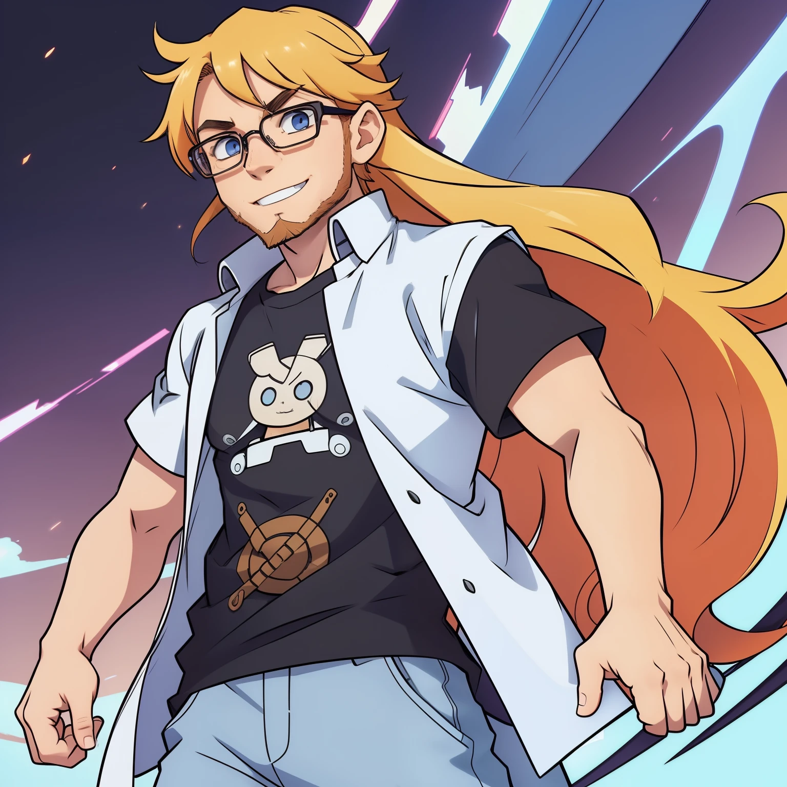 (((masterpiece))),(((best quality))),((character design, same character)), character design, 1 character, isolated character, illustration, 1 boy, gamer, anime boy, square glasses, long hair, straight long hair, light blonde hair undercutted in the sides, light blue eyes, thick eyebrows, black casual t-shirt, ginger beard, full bearded man, kindly smiling sowing his teeth, skinny body, purple highlights in hair, anime character, 8k, awesome quality