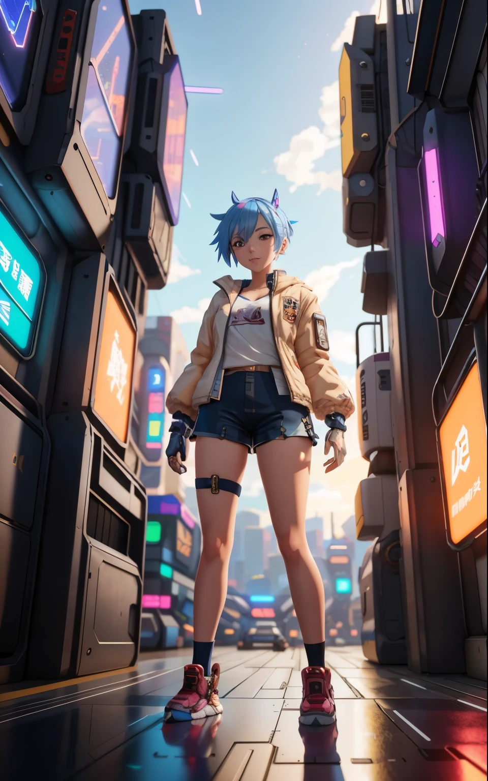 Anime girl in short shorts and jacket standing next to a giant robot, artwork in the style of Gweiz, cyberpunk anime girl mecha, trending on cgstation, Gweiz, Written by Russell Dongjun Lu, digital cyberpunk anime art, lost run 8k, Gweiz on artstation pixiv, Girl wearing mechanical cyber armor