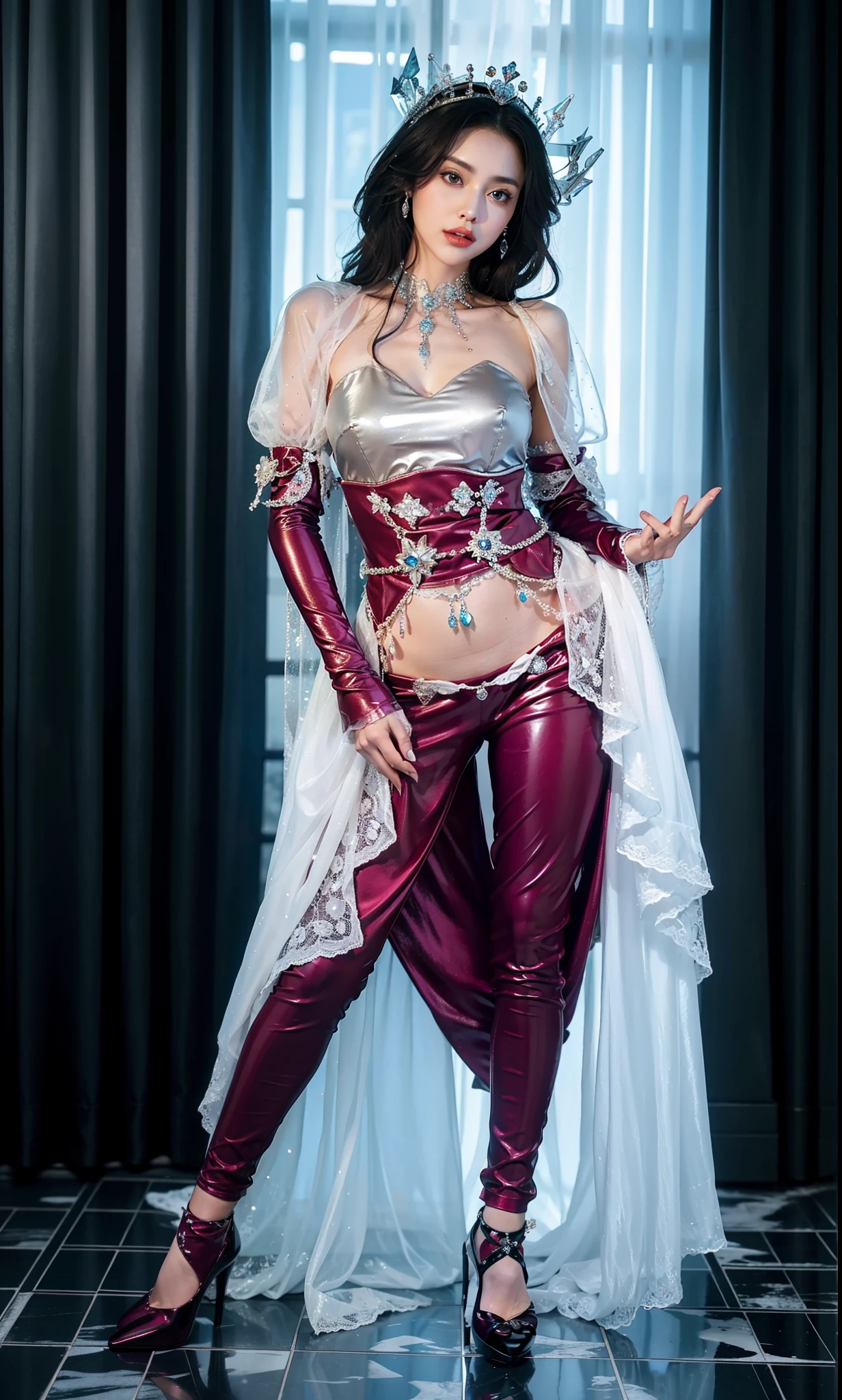 Royal sister,exquisite eyes,queen of ice,put the crown on your head,Detailed facial expressions,mature body,tall figure,gorgeous,Leg length,4K,HD,Sensual,Translucent lace,白皙plump figure,pretty face,Little cherry mouth,beautiful and delicious(3D royal sister),plump figure,gloss gel coat,Queen in luxurious dress,Crystal Gem Crown,