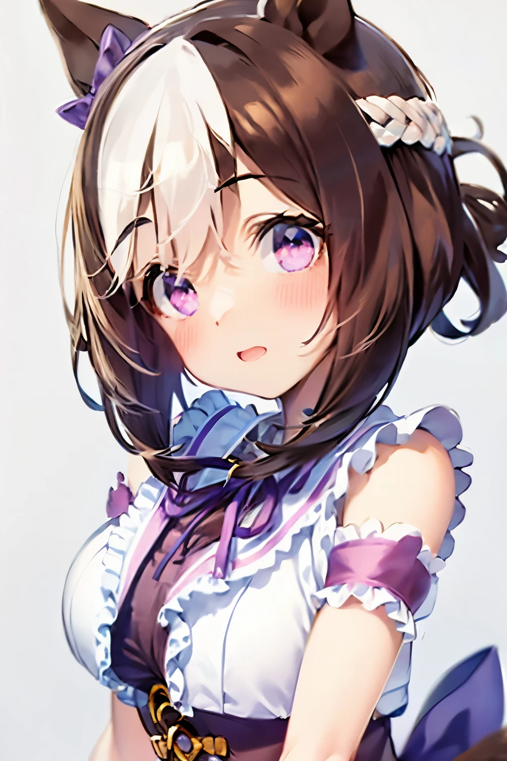 special_week_\(Umamusume)、bow ribbon、bow ribbon、bow ribbon、corsets、Fluffy breasts、nursing、toppless、teats、The upper part of the body、(Refers to the viewer:1.3)、Happiness、(White background:1.5)、(front-facing view:1.3)